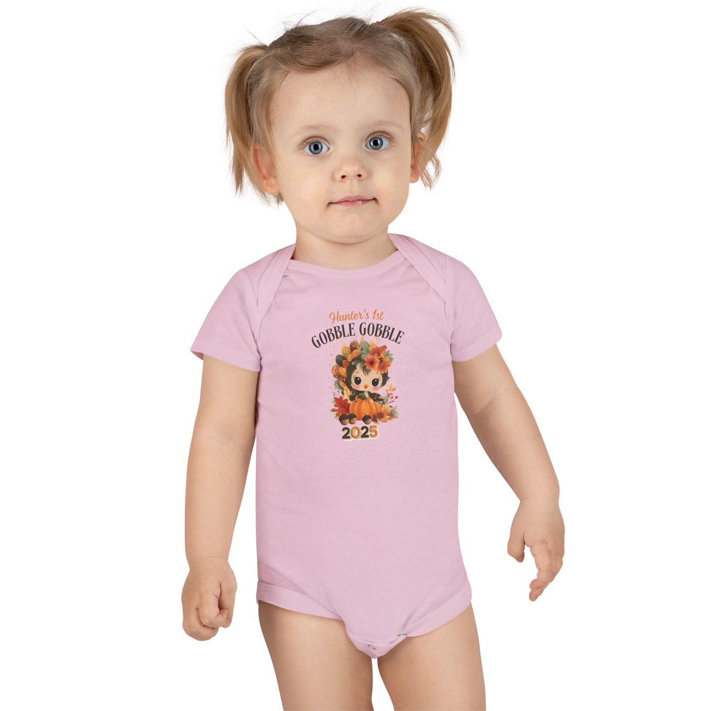 Personalized Baby Thanksgiving Onesie 1st Gobble Gobble Turkey Outfit Custom Name and Year Holiday Baby Bodysuit White Grey Blue Pink