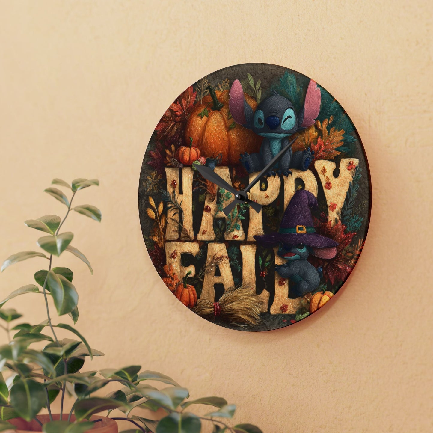 Fall-Themed Acrylic Wall Clock, Happy Fall Decor, Seasonal Home Accessory, Autumn Wall Art, Harvest Time Clock Printify