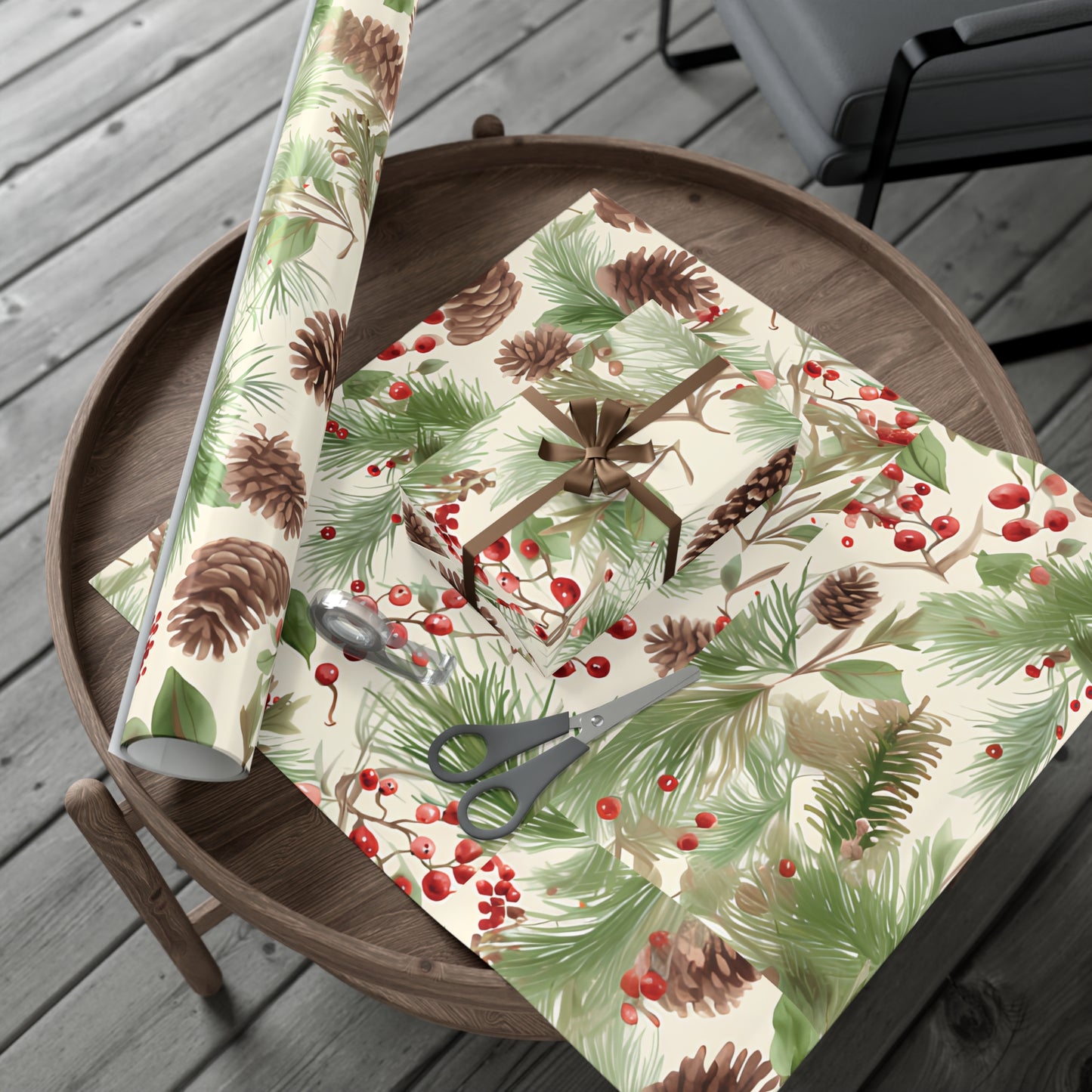 Holiday Gift Wrap Paper, Pinecones and Berries, Eco-Friendly Wrapping Paper, Christmas Gifts, Seasonal Decor, Handmade Wrapping