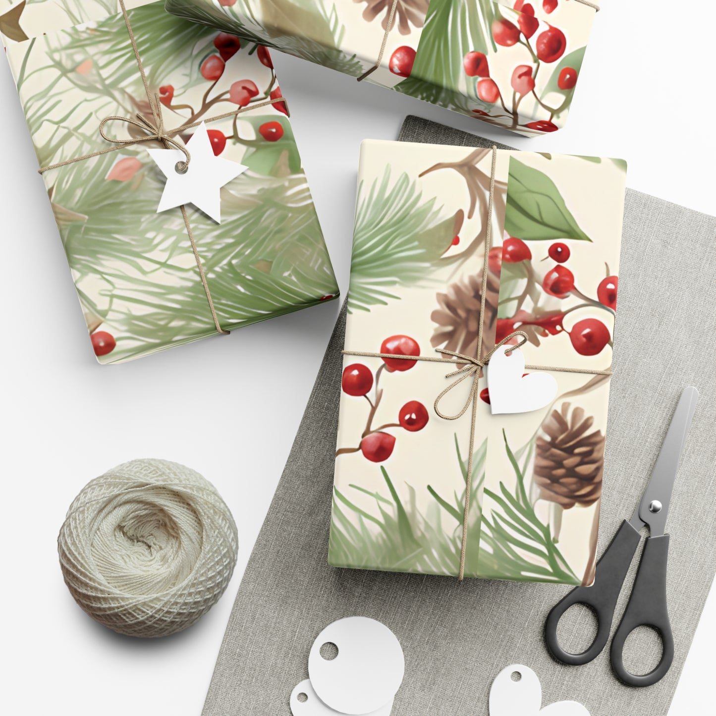 Holiday Gift Wrap Paper, Pinecones and Berries, Eco-Friendly Wrapping Paper, Christmas Gifts, Seasonal Decor, Handmade Wrapping
