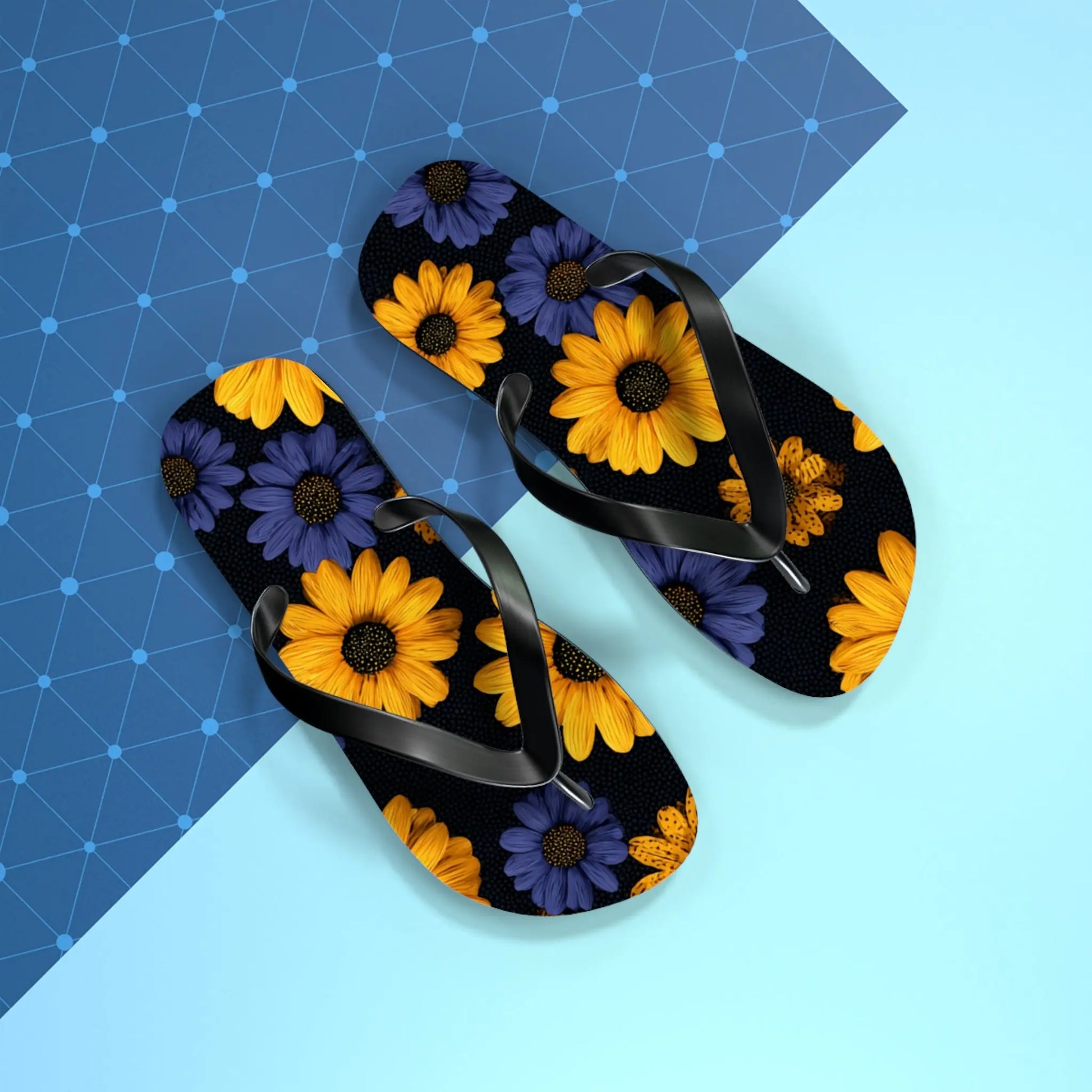 Flip Flops - Daisy Flower Seamless Pattern Retro 90s Vibe Yellow Navy Blue Black Printify