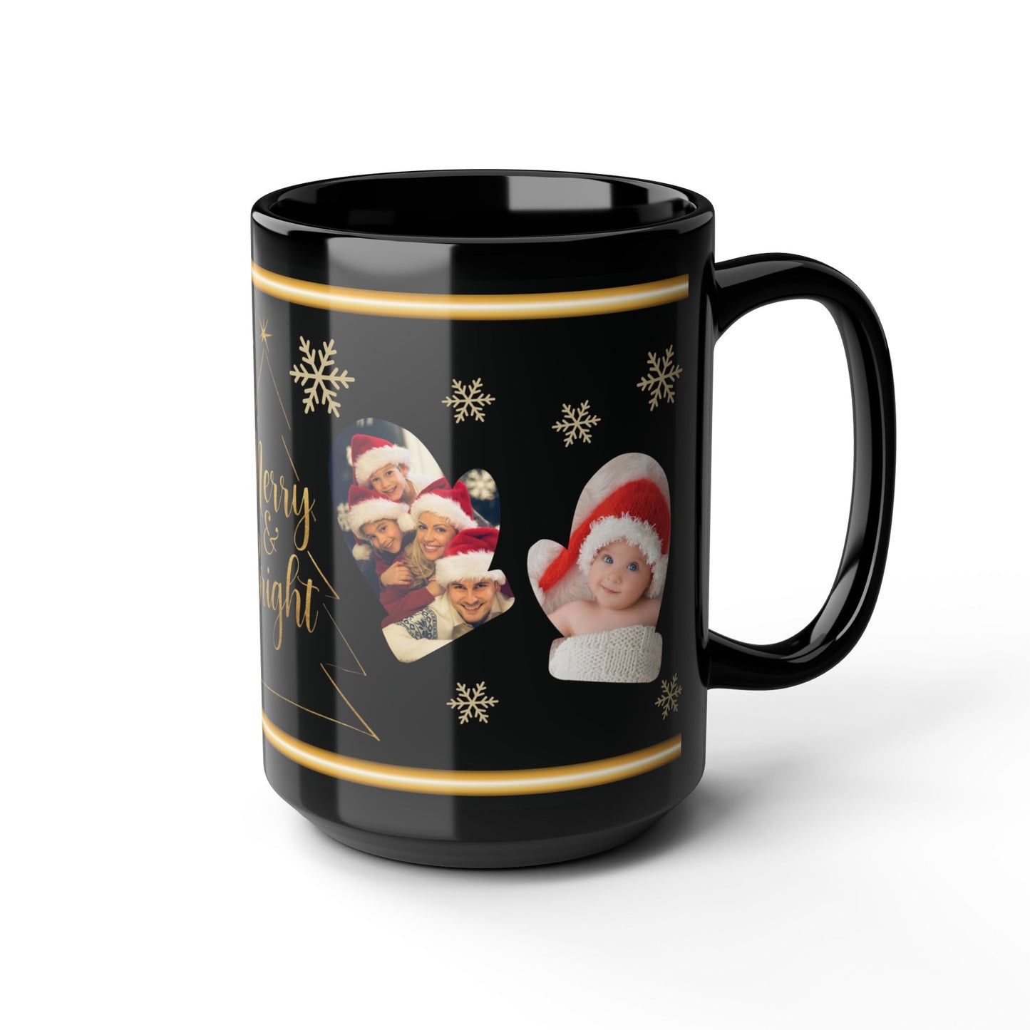Personalized Christmas Photo Mug, Custom Holiday Picture Coffee Cup, Merry & Bright Gold Wrap Design, 11oz & 15oz