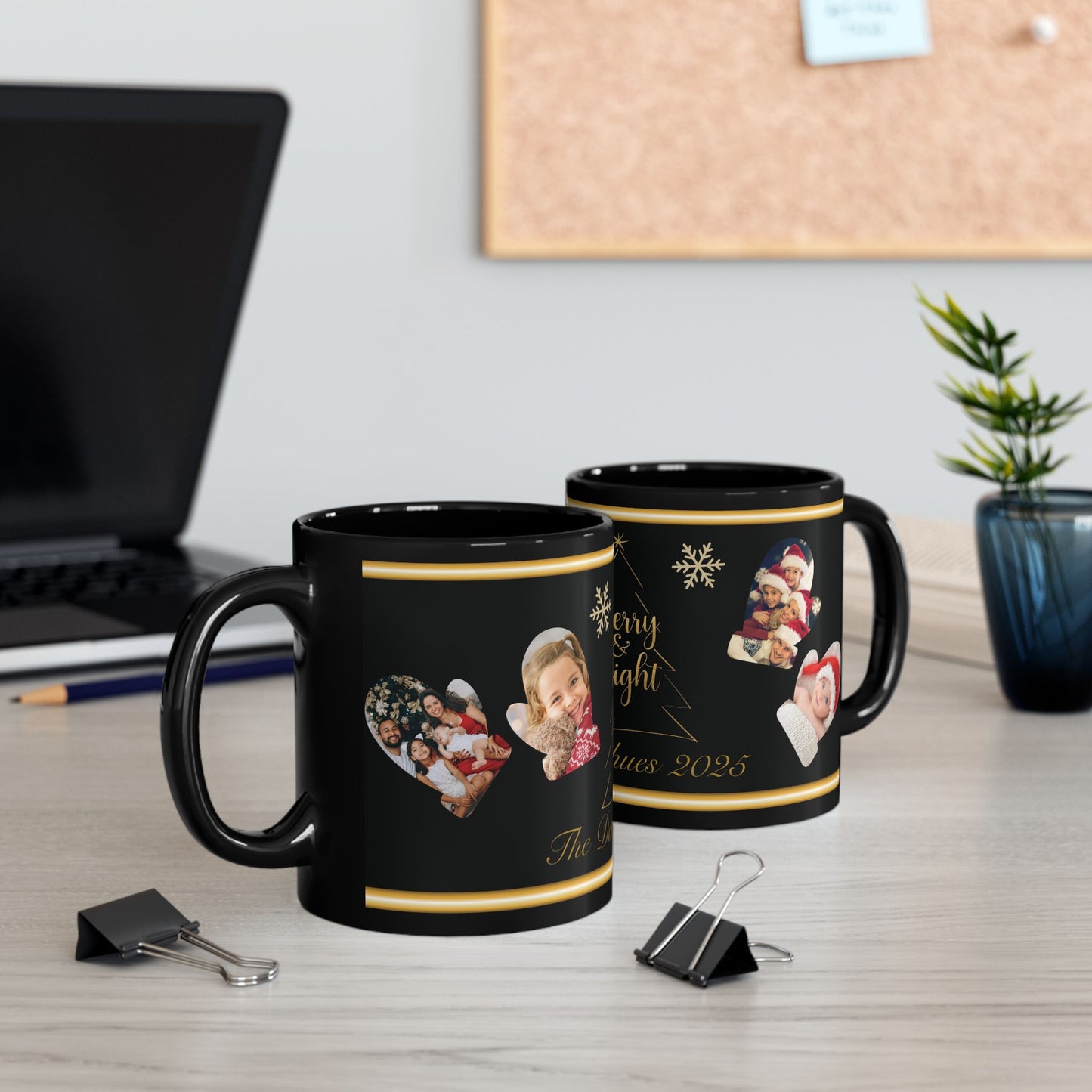 Custom Family Name Christmas Photo Mug – Personalized Holiday Pictures, Add Name & Year, Merry & Bright Gold Wrap, 11oz & 15oz Black Ceramic
