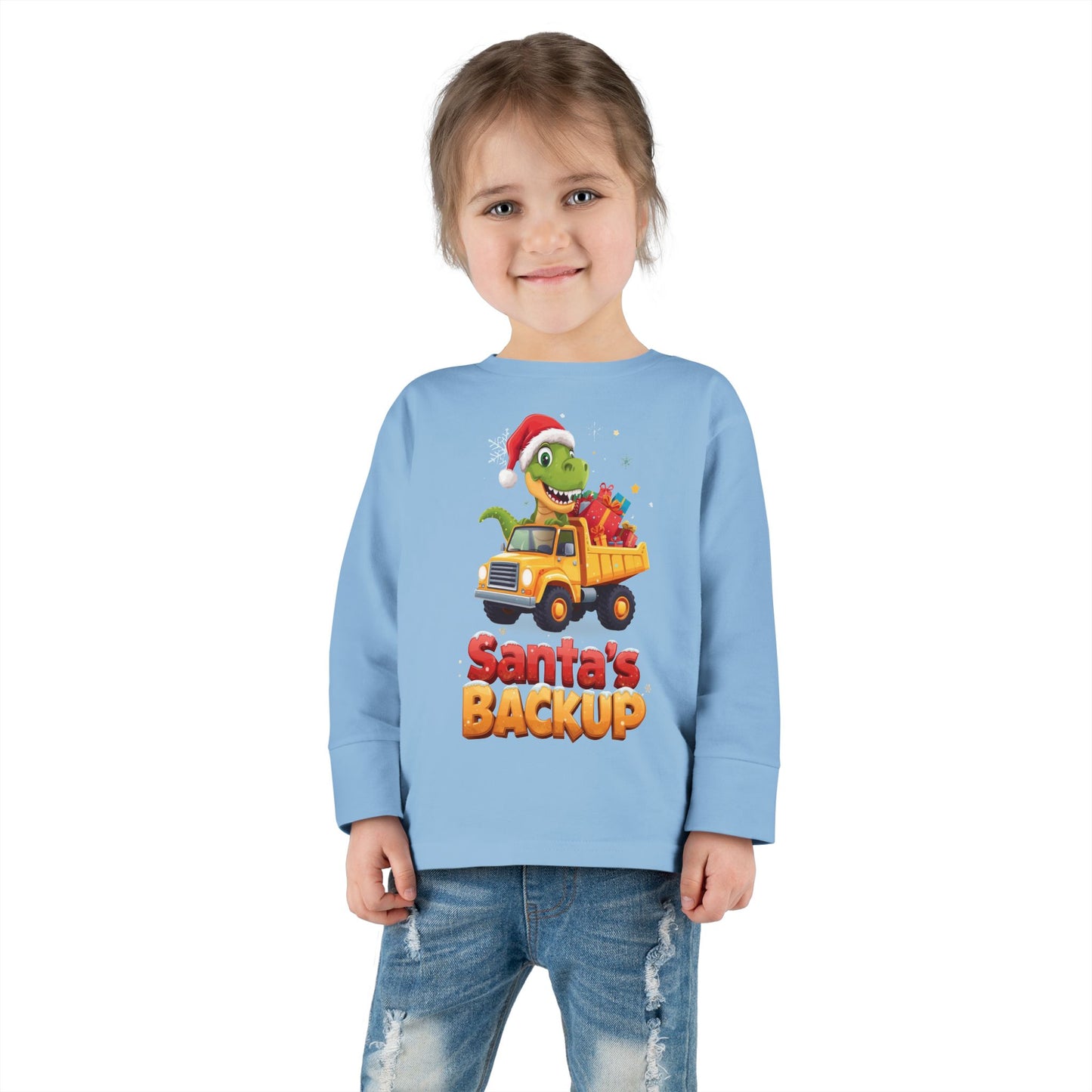 Toddler Long Sleeve Christmas Tee, Santa's Backup Dinosaur Shirt, Holiday Gift for Kids, Cute Xmas Outfit, Fun Christmas Apparel