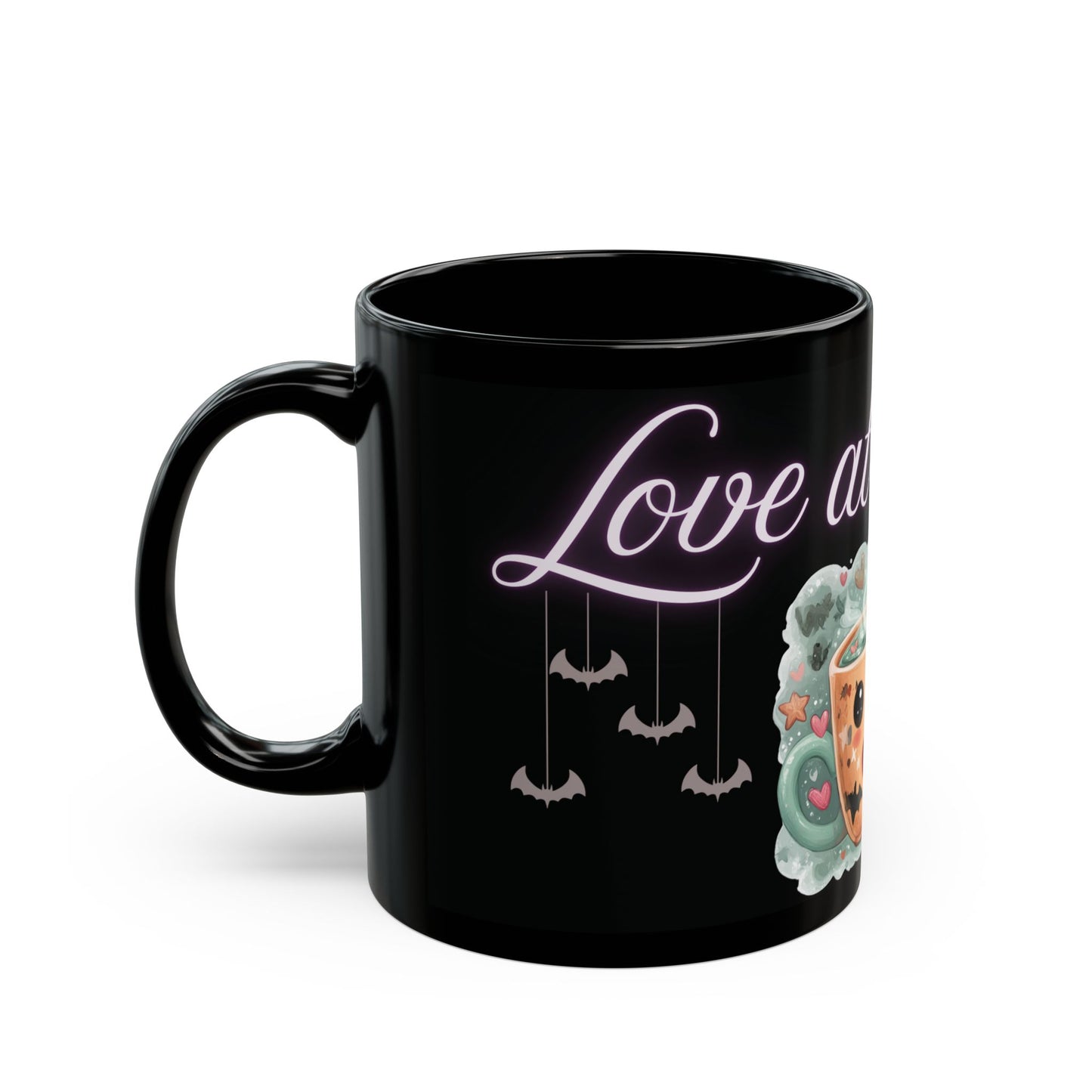 Whimsical Bat Mug, Love at First Sip Coffee Cup, Halloween Gift, Gothic Home Decor, Spooky Tea Mug, Unique Mugs Cute Bat Design - Black