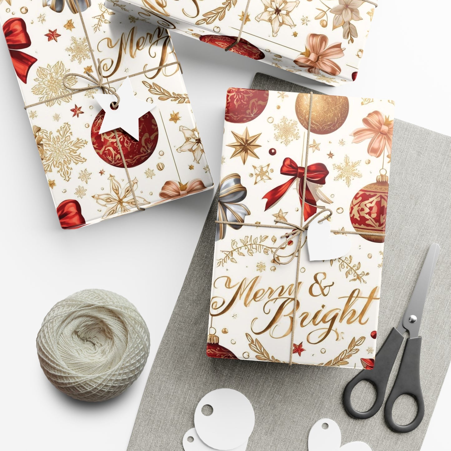 Merry & Bright Christmas Wrapping Paper – Elegant Red, Gold & Silver Ornament Gift Wrap