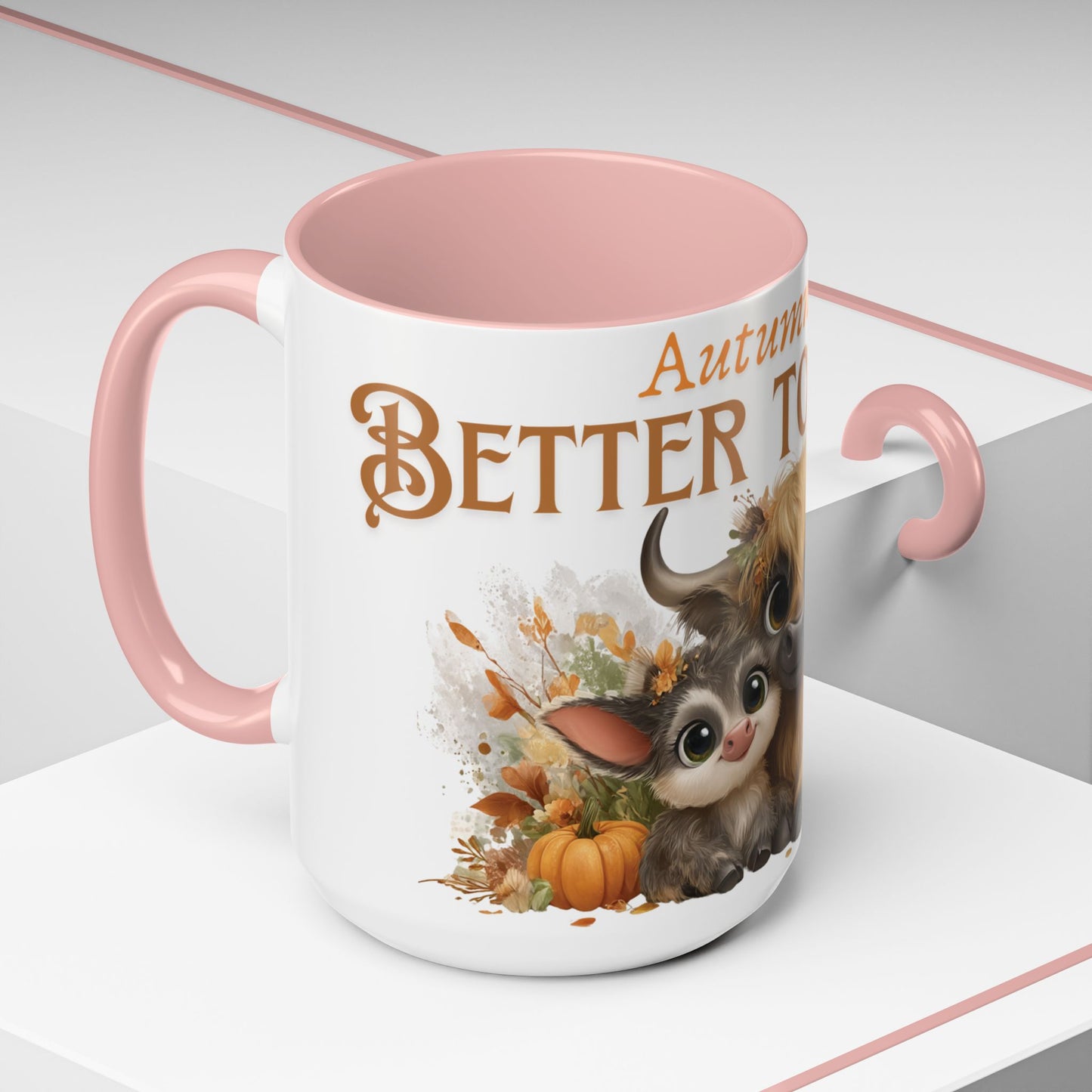 Autumn is Better Together Highland Cow Accent Coffee Mug Fall Mama and Baby Cow Cup White Ceramic with Color Handles 11oz or 15oz