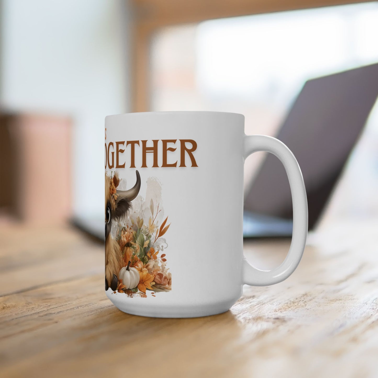 Fall is Better Together Highland Cow Mug Cute Autumn Coffee Cup with Mama and Baby Cow Pumpkins and Florals White Ceramic Mug 11oz or 15oz