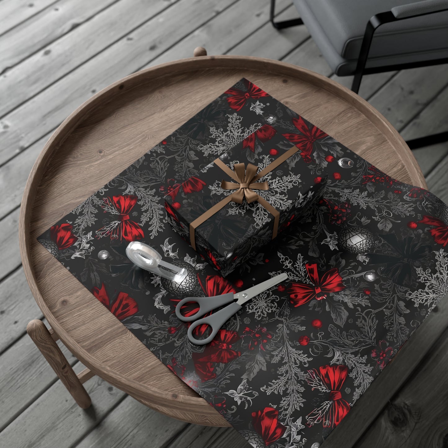 Elegant Victorian Gothic Christmas Wrapping Paper – Dark Holiday Gift Wrap with Red Bows & Snowflakes