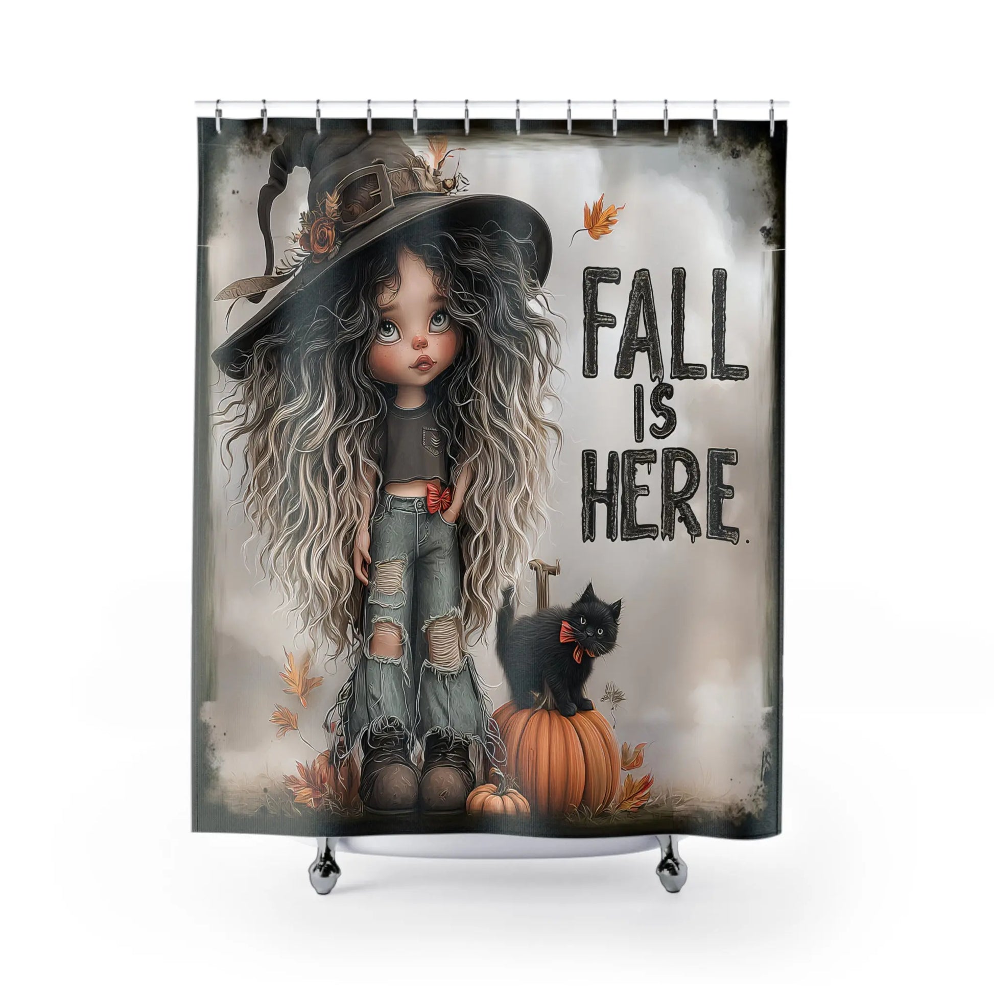 Whimsical Fall Shower Curtain with Witch Design, Autumn Decor, Bathroom Accessories, Halloween Decor, Gift for Her, Seasonal Home Decor Printify