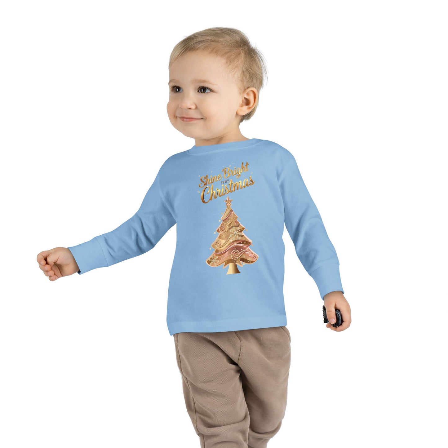 Toddler Long Sleeve Tee, "Shine Bright Christmas" Shirt for Kids, Holiday Outfit, Christmas Gift, Festive Clothing, Cute Toddler Apparel