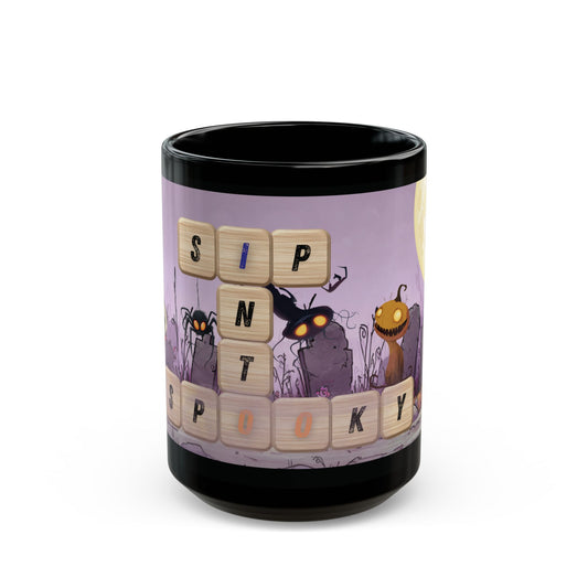 Sip Into Spooky Black Mug Halloween Coffee Cup Creepy Cute Ceramic Drinkware Gift for Fall Seasonal Tea Lovers 11oz 15oz