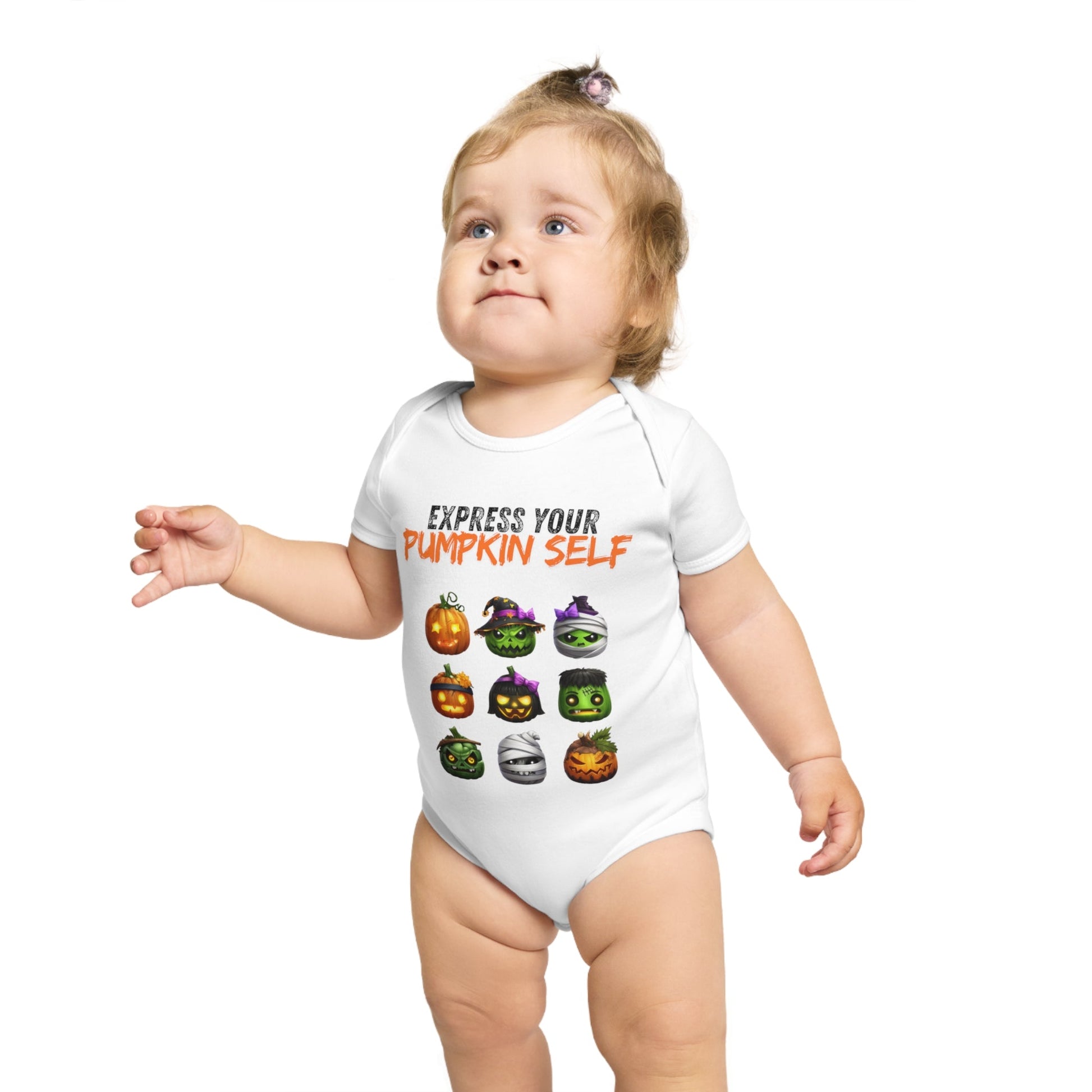 Halloween Baby Bodysuit, Express Your Pumpkin Self, Cute Infant Outfit, Spooky Baby Clothes, Fall Baby Gift, Pumpkin Costume Printify