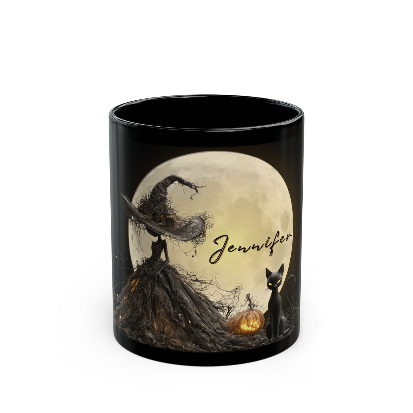 Personalized Halloween Witch Mug with Black Cat & Moon – Custom Name – 11oz / 15oz Black Glossy Ceramic Coffee Cup