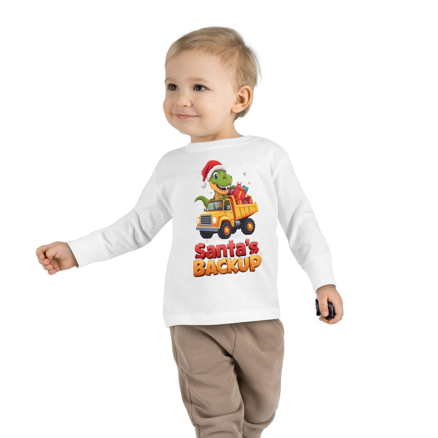 Toddler Long Sleeve Christmas Tee, Santa's Backup Dinosaur Shirt, Holiday Gift for Kids, Cute Xmas Outfit, Fun Christmas Apparel