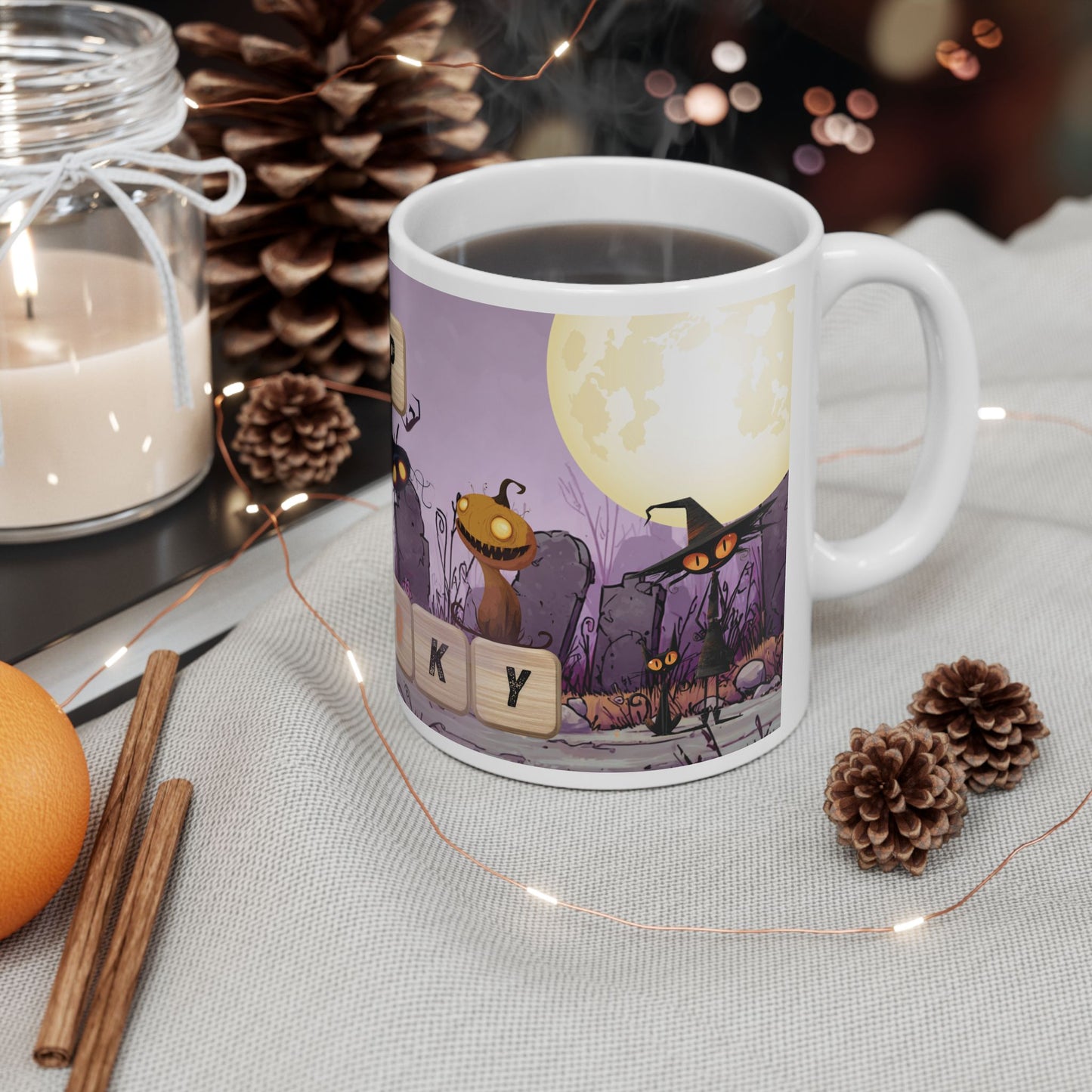 Sip Into Spooky Halloween Mug, Funny Scrabble Tile Coffee Cup, Cute Monster Design, Fall Gift for Coffee Lovers, Dishwasher Safe