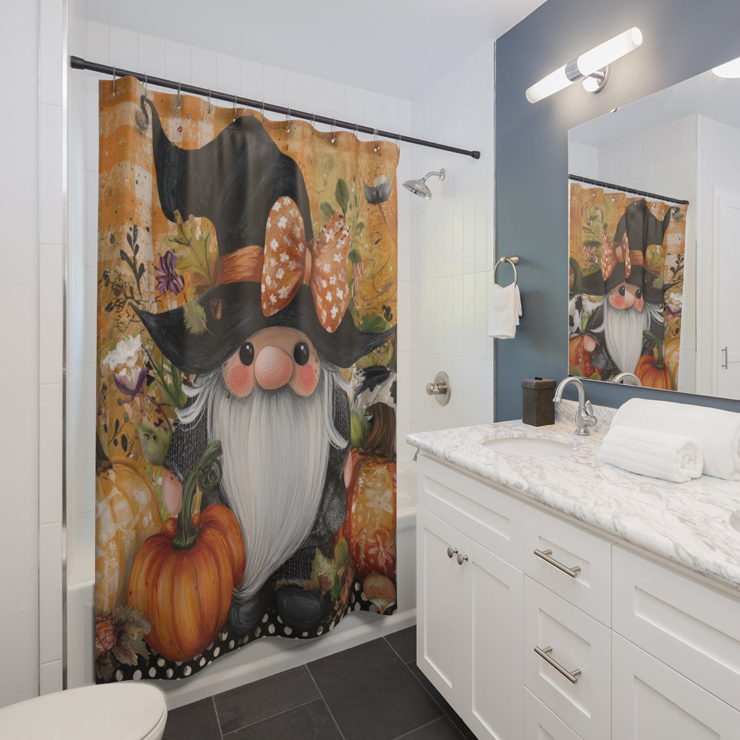 Charming Pumpkin Gnome Shower Curtain - Fall Decor, Halloween, Autumn Vibes, Witchy Bathroom, Seasonal Home Decor