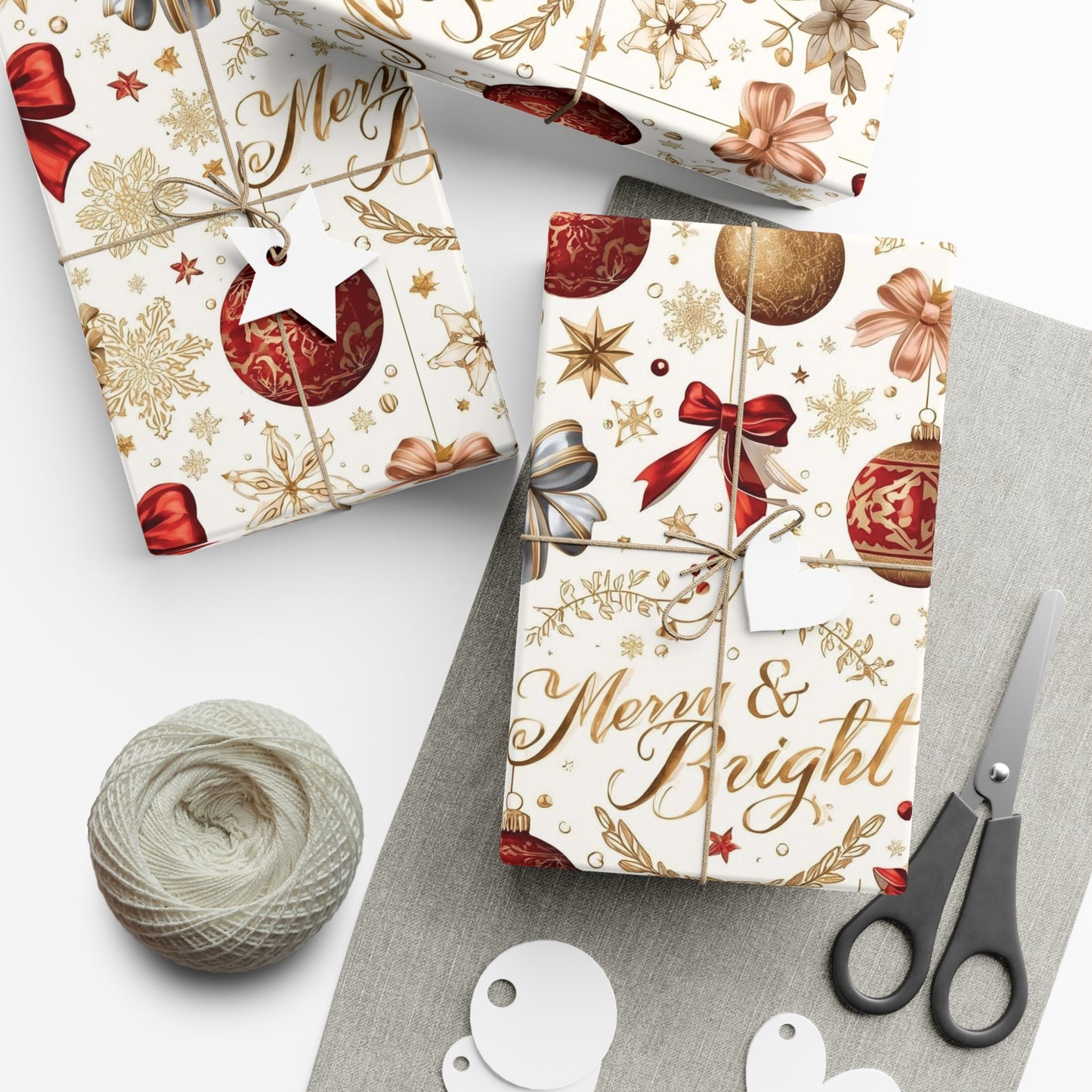 Merry & Bright Christmas Wrapping Paper – Elegant Red, Gold & Silver Ornament Gift Wrap