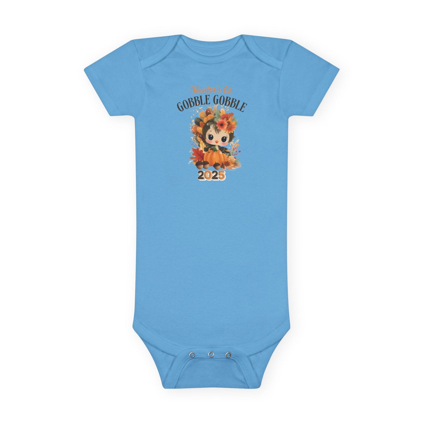 Personalized Baby Thanksgiving Onesie 1st Gobble Gobble Turkey Outfit Custom Name and Year Holiday Baby Bodysuit White Grey Blue Pink