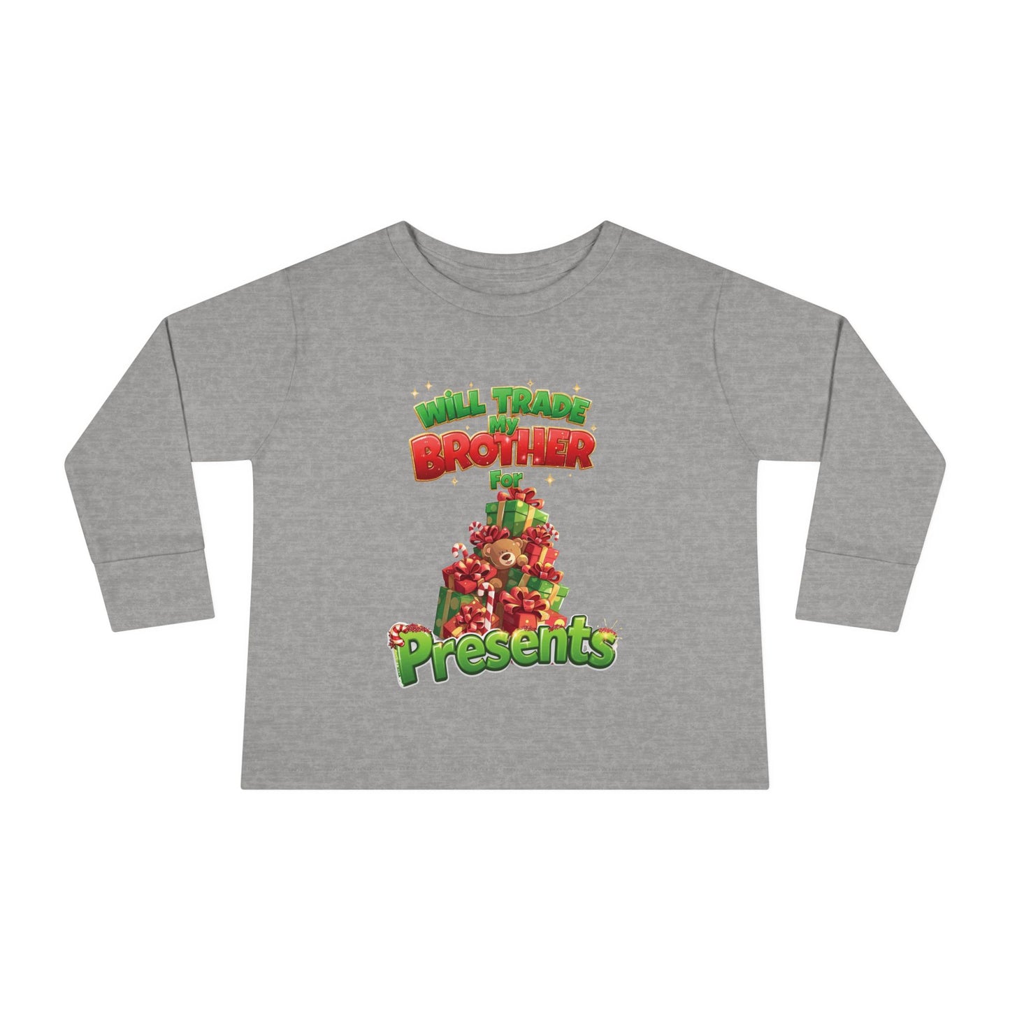 Toddler Christmas Long Sleeve Tee with 'Will Trade Brother for Presents' Design, Kids Holiday T-Shirt, Christmas Gift for Toddlers