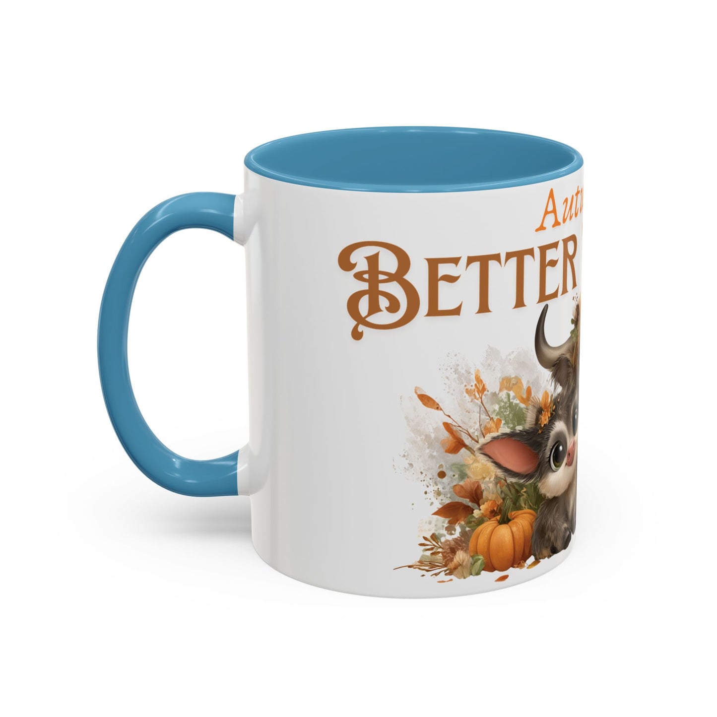 Autumn is Better Together Highland Cow Accent Coffee Mug Fall Mama and Baby Cow Cup White Ceramic with Color Handles 11oz or 15oz