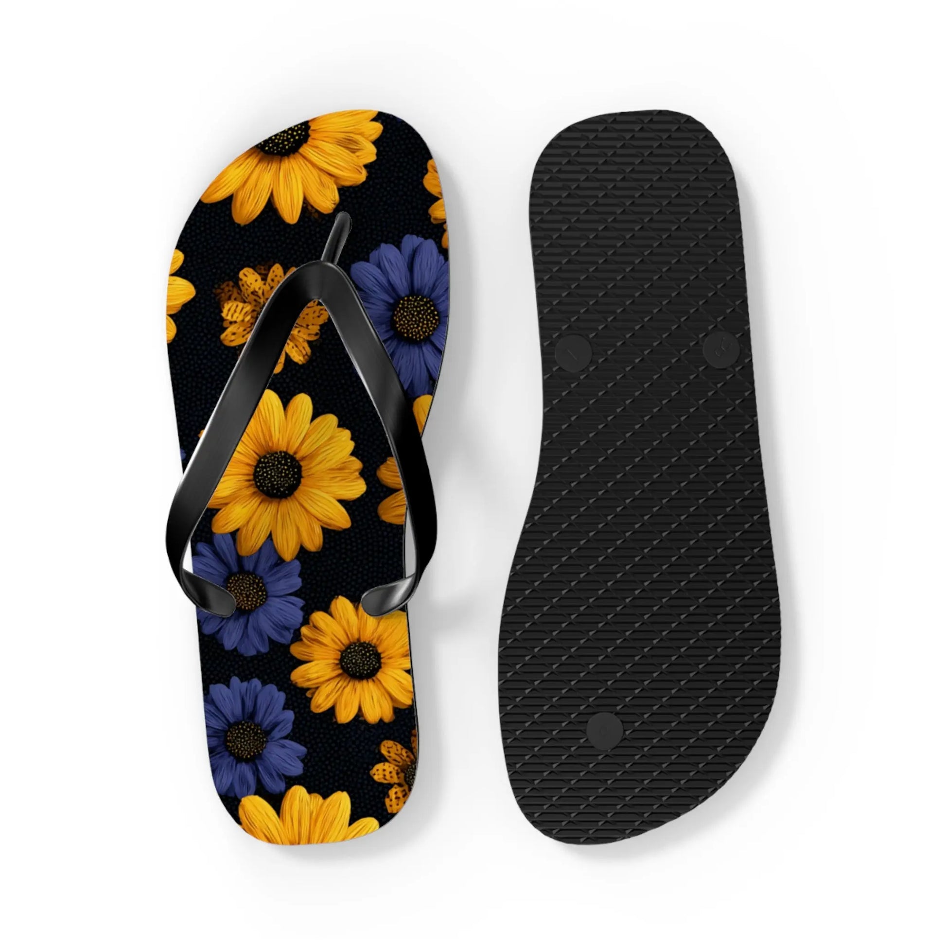 Flip Flops - Daisy Flower Seamless Pattern Retro 90s Vibe Yellow Navy Blue Black Printify