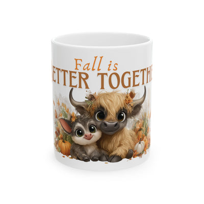 Fall is Better Together Highland Cow Mug Cute Autumn Coffee Cup with Mama and Baby Cow Pumpkins and Florals White Ceramic Mug 11oz or 15oz