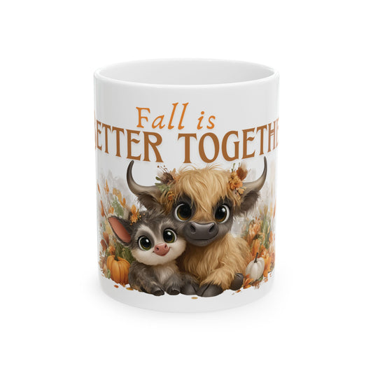 Fall is Better Together Highland Cow Mug Cute Autumn Coffee Cup with Mama and Baby Cow Pumpkins and Florals White Ceramic Mug 11oz or 15oz