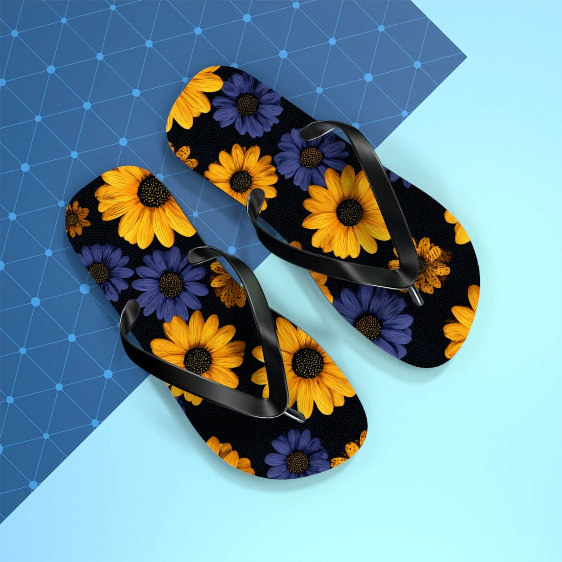 Flip Flops - Daisy Flower Seamless Pattern Retro 90s Vibe Yellow Navy Blue Black Printify