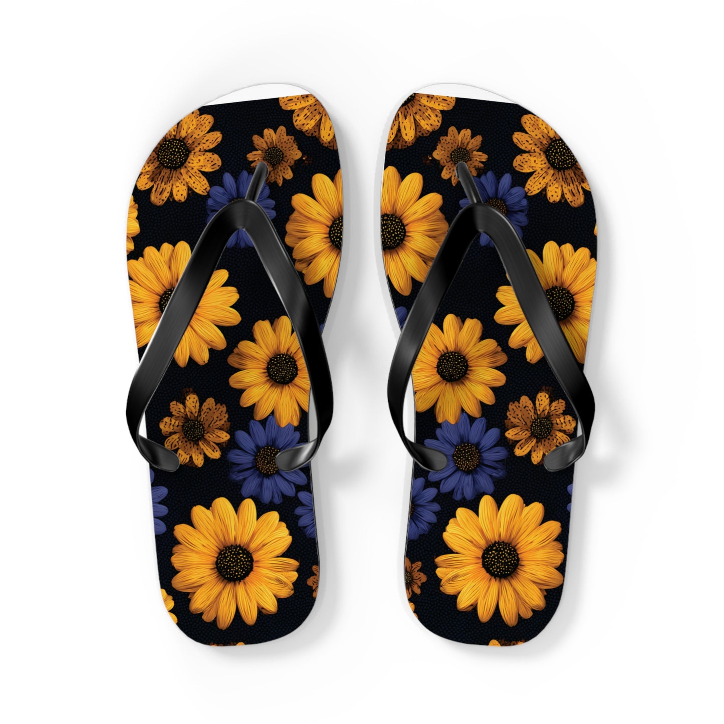 Flip Flops - Daisy Flower Seamless Pattern Retro 90s Vibe Yellow Navy Blue Black