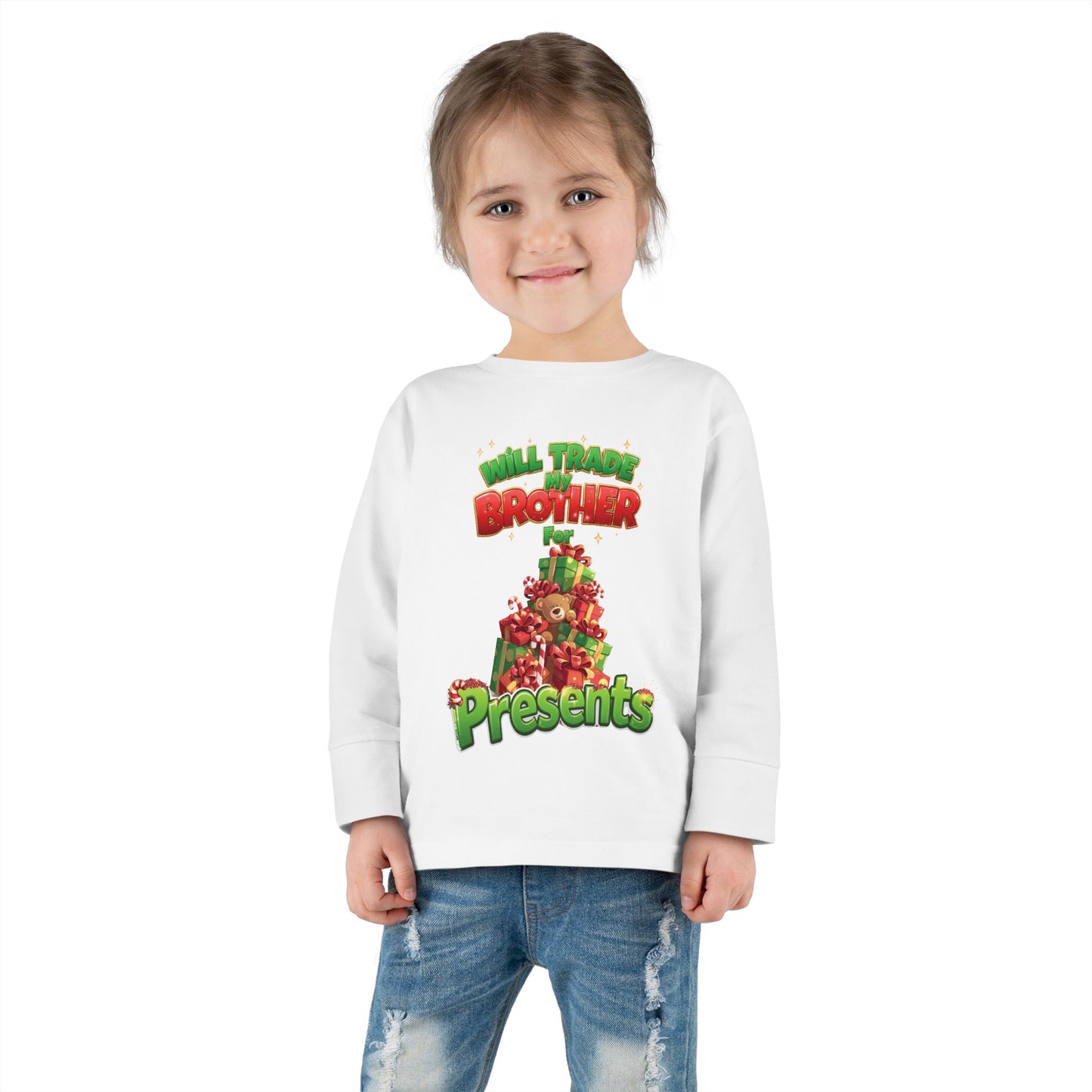 Toddler Christmas Long Sleeve Tee with 'Will Trade Brother for Presents' Design, Kids Holiday T-Shirt, Christmas Gift for Toddlers
