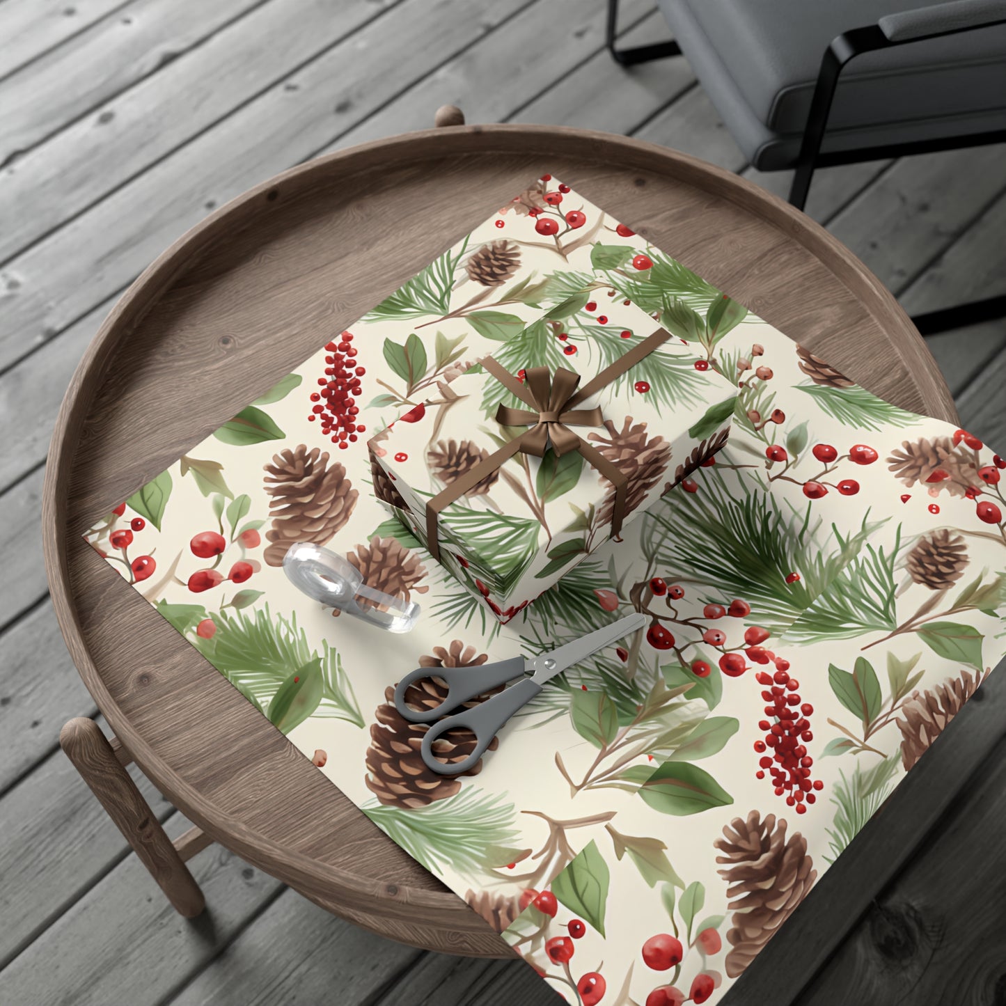 Holiday Gift Wrap Paper, Pinecones and Berries, Eco-Friendly Wrapping Paper, Christmas Gifts, Seasonal Decor, Handmade Wrapping