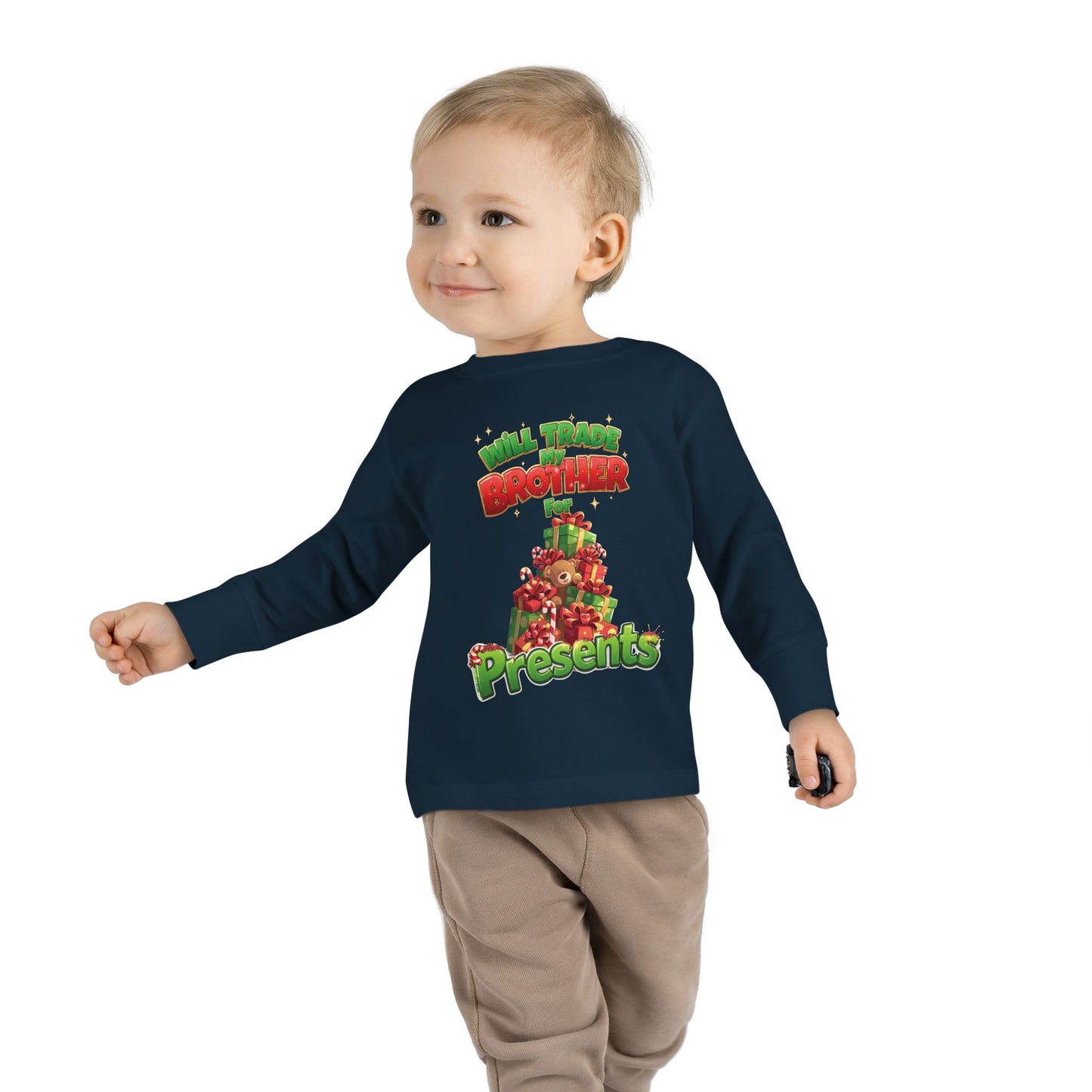 Toddler Christmas Long Sleeve Tee with 'Will Trade Brother for Presents' Design, Kids Holiday T-Shirt, Christmas Gift for Toddlers
