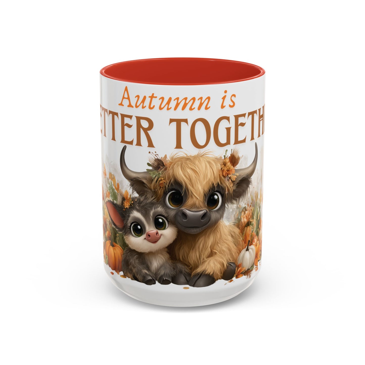 Autumn is Better Together Highland Cow Accent Coffee Mug Fall Mama and Baby Cow Cup White Ceramic with Color Handles 11oz or 15oz