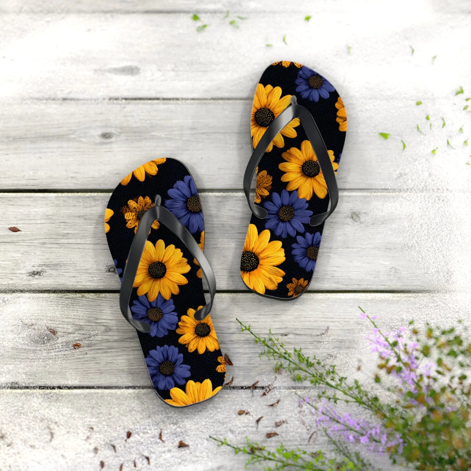 Flip Flops - Daisy Flower Seamless Pattern Retro 90s Vibe Yellow Navy Blue Black Printify