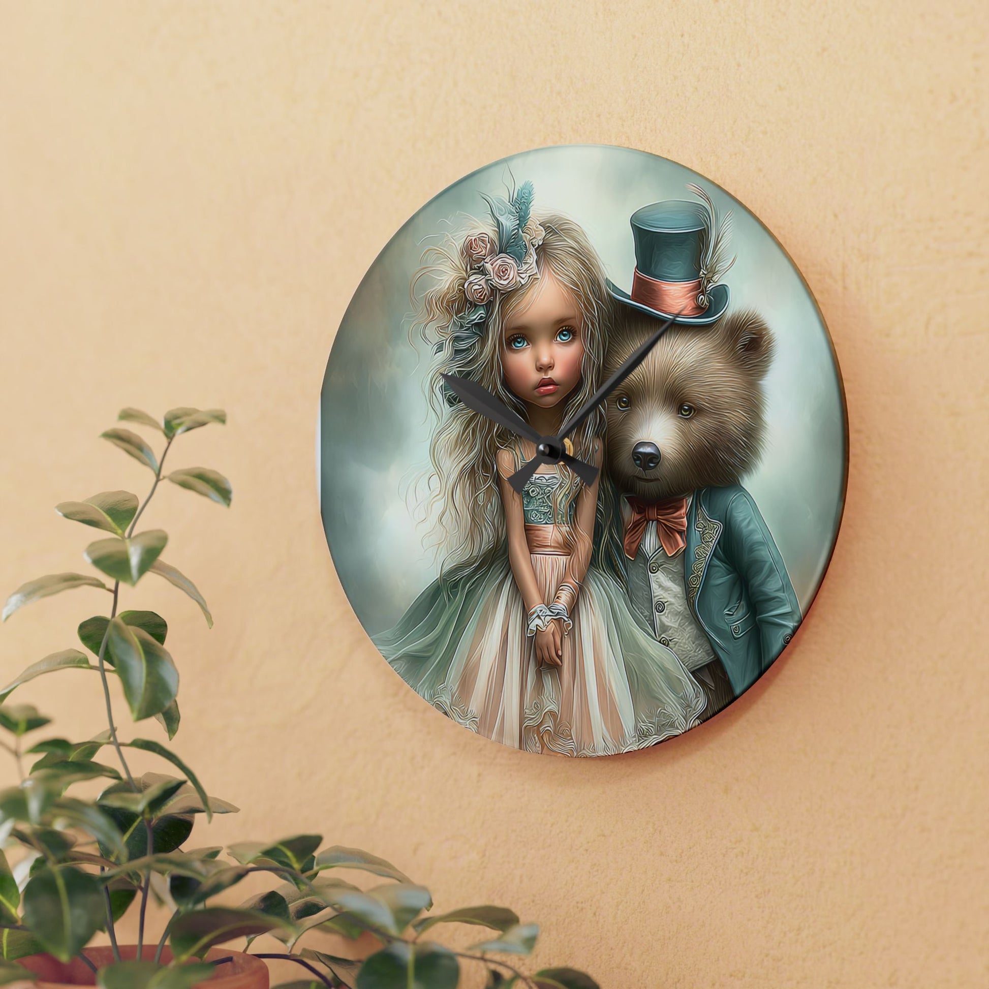Whimsical Acrylic Wall Clock with Child and Bear Design, Unique Home Decor, Gift for Kids, Nursery Wall Art, Playful Timepiece Alid for Every Pot ~Everyday Designz~