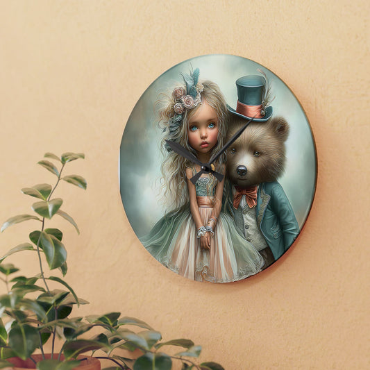 Whimsical Acrylic Wall Clock with Child and Bear Design, Unique Home Decor, Gift for Kids, Nursery Wall Art, Playful Timepiece Printify