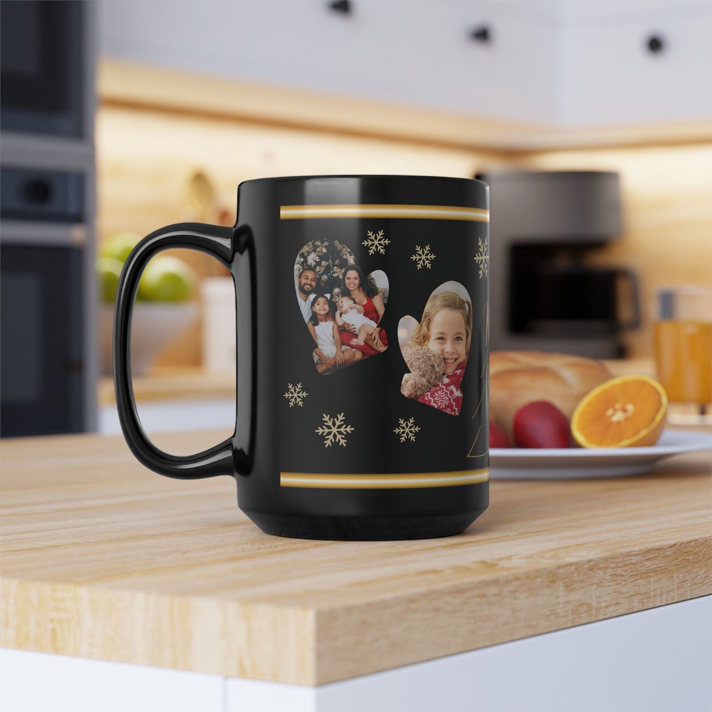 Personalized Christmas Photo Mug, Custom Holiday Picture Coffee Cup, Merry & Bright Gold Wrap Design, 11oz & 15oz