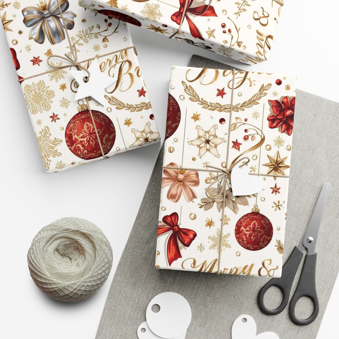 Merry & Bright Christmas Wrapping Paper – Elegant Red, Gold & Silver Ornament Gift Wrap