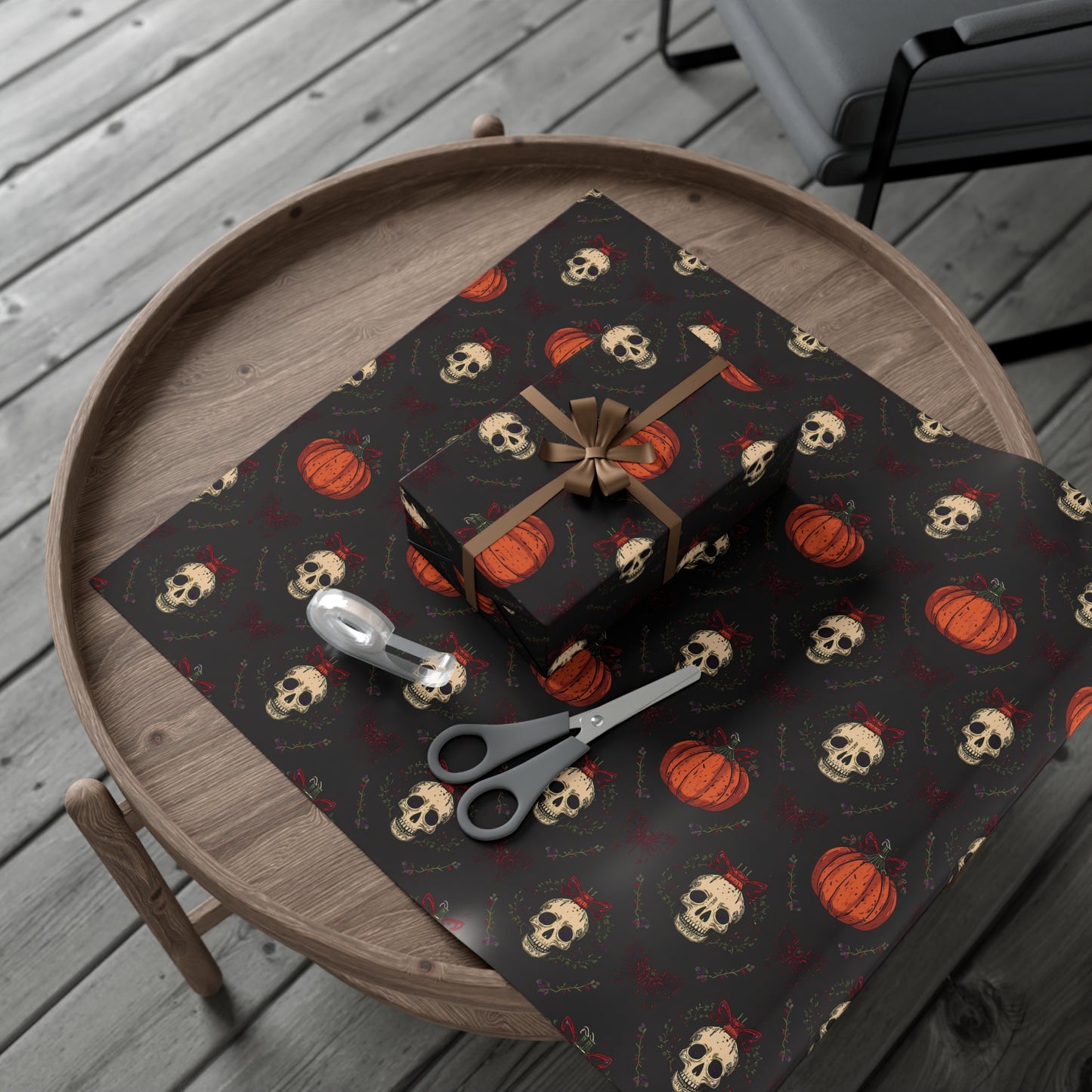 Hollyween Christmas Wrapping Paper – Gothic Holiday Gift Wrap with Skulls, Pumpkins & Bows