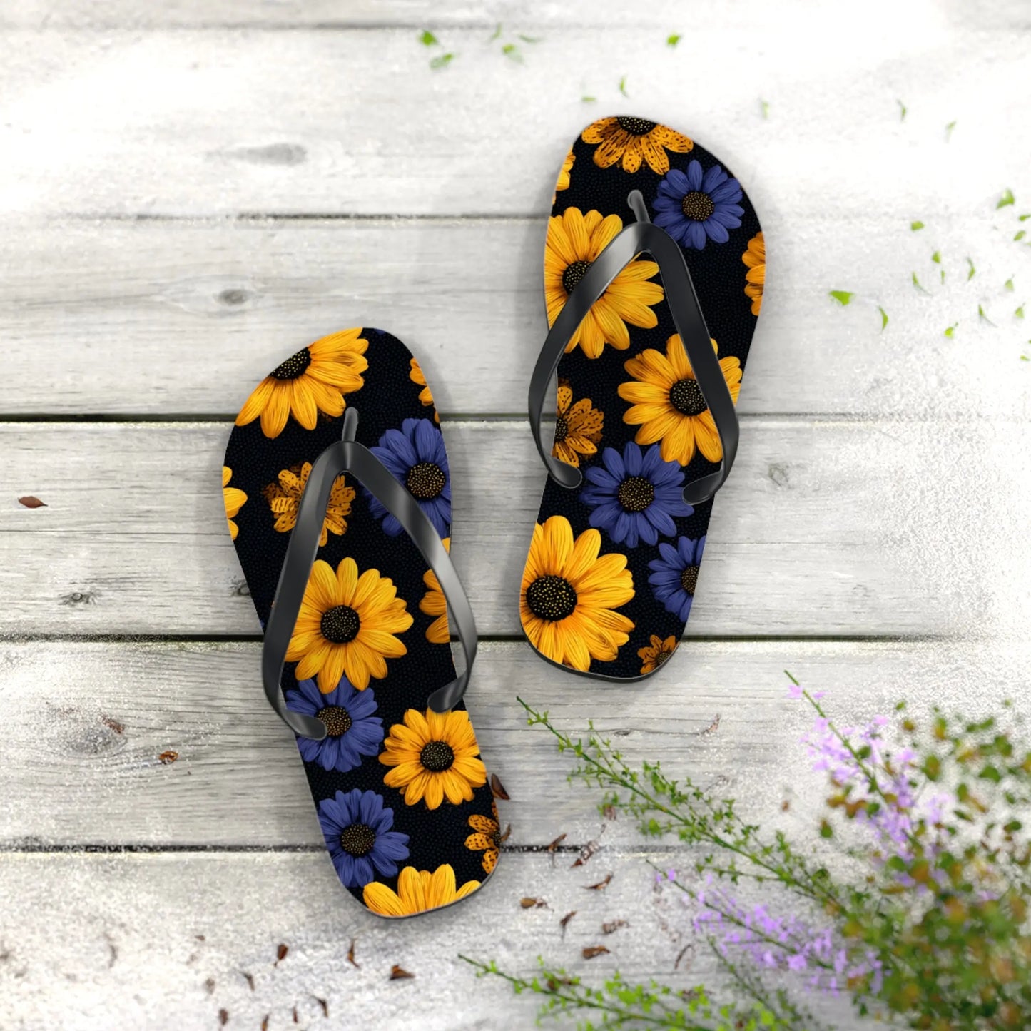 Flip Flops - Daisy Flower Seamless Pattern Retro 90s Vibe Yellow Navy Blue Black Printify