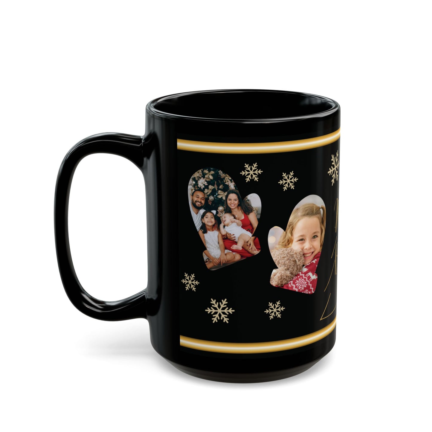 Personalized Christmas Photo Mug, Custom Holiday Picture Coffee Cup, Merry & Bright Gold Wrap Design, 11oz & 15oz