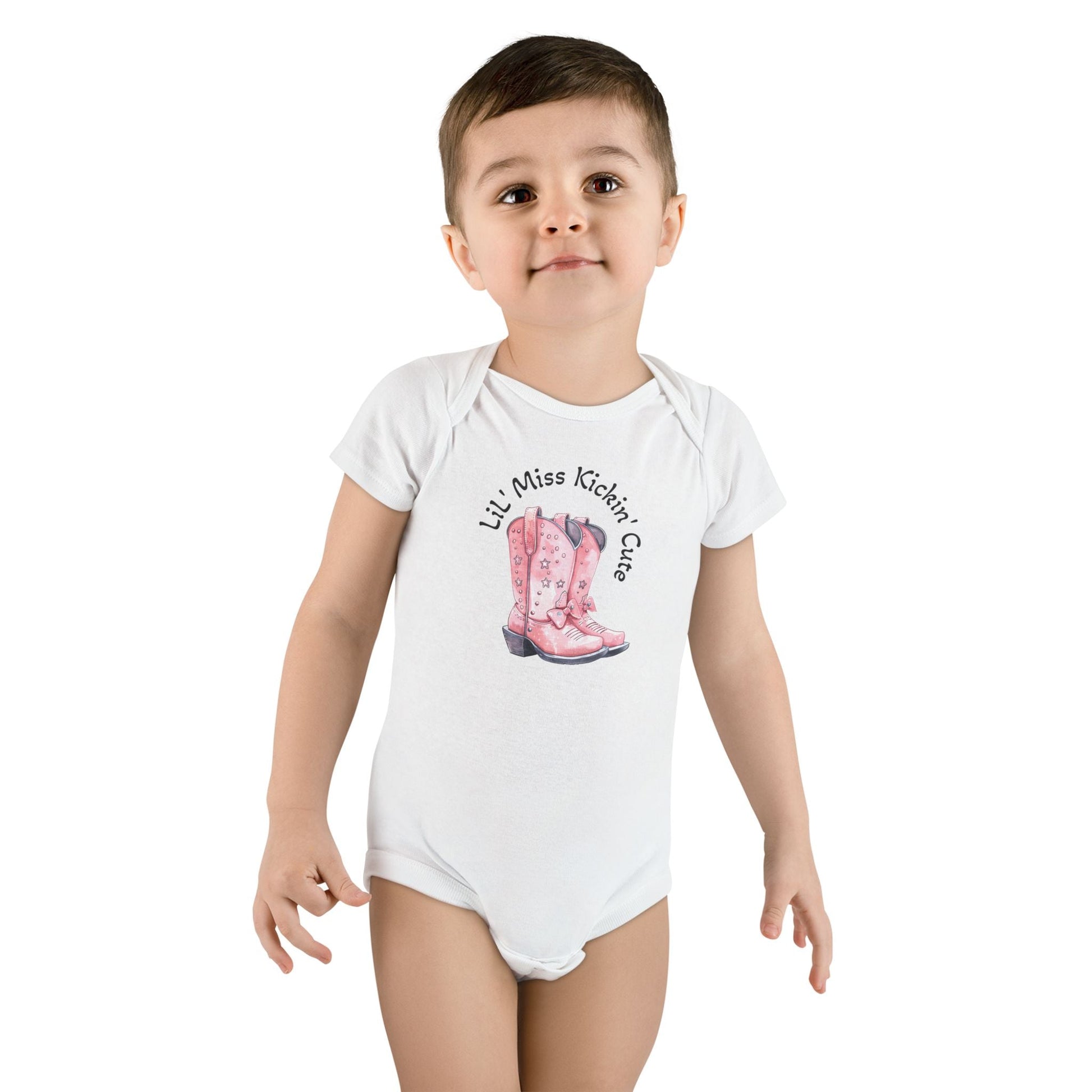 LiL' Miss Kickin' Cute with Cowgirl Boots, Infant Bodysuit, Western Baby, Rodeo Onesie, Cowgirl Baby Outfit, Personalization Option Printify