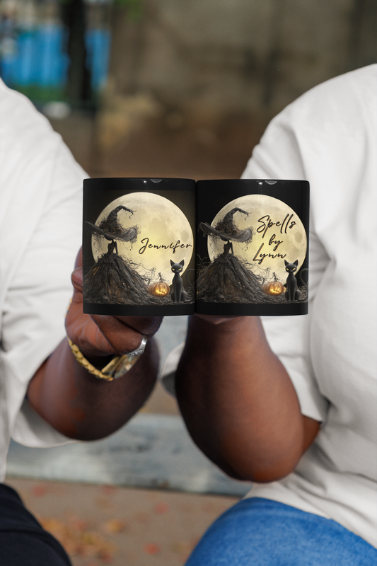 Personalized Halloween Witch Mug with Black Cat & Moon – Custom Name – 11oz / 15oz Black Glossy Ceramic Coffee Cup