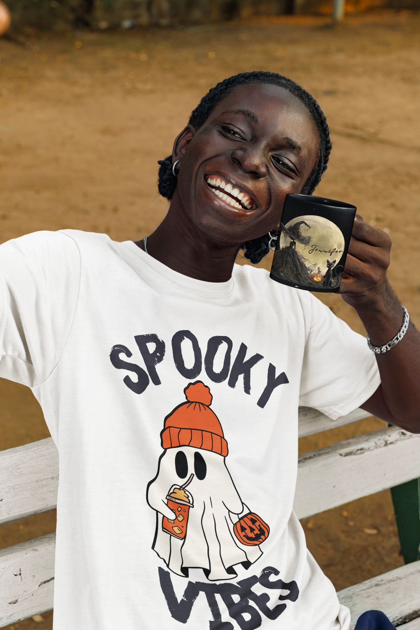 Personalized Halloween Witch Mug with Black Cat & Moon – Custom Name – 11oz / 15oz Black Glossy Ceramic Coffee Cup