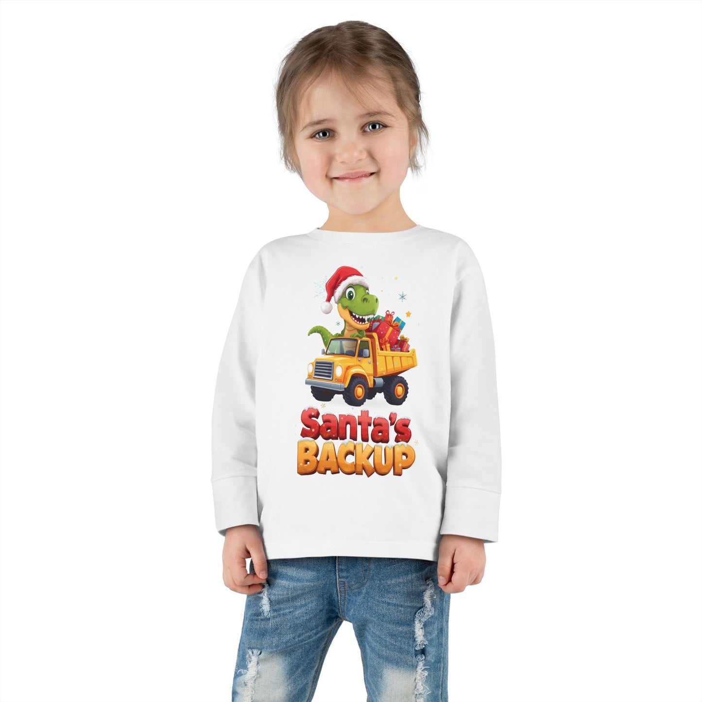 Toddler Long Sleeve Christmas Tee, Santa's Backup Dinosaur Shirt, Holiday Gift for Kids, Cute Xmas Outfit, Fun Christmas Apparel