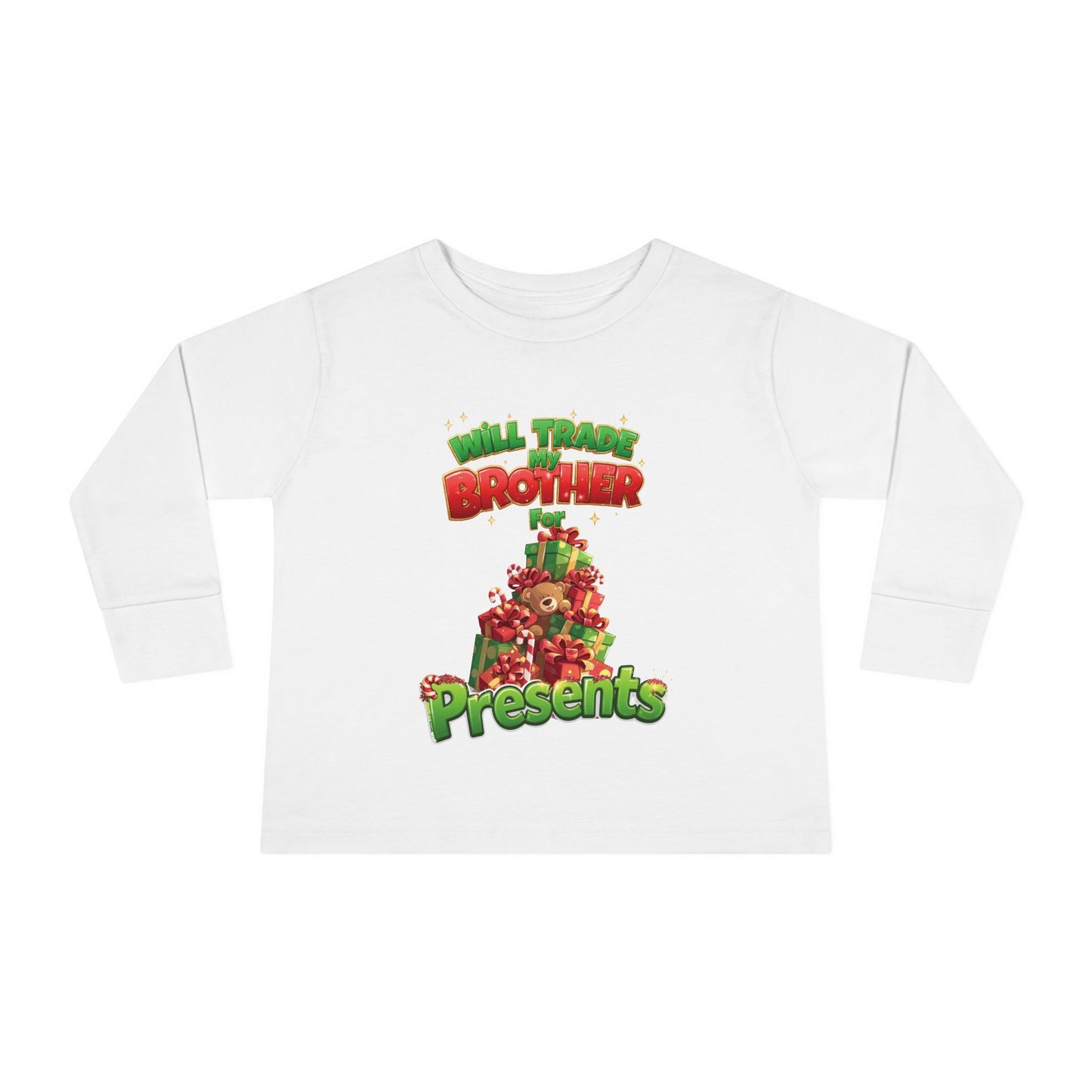 Toddler Christmas Long Sleeve Tee with 'Will Trade Brother for Presents' Design, Kids Holiday T-Shirt, Christmas Gift for Toddlers