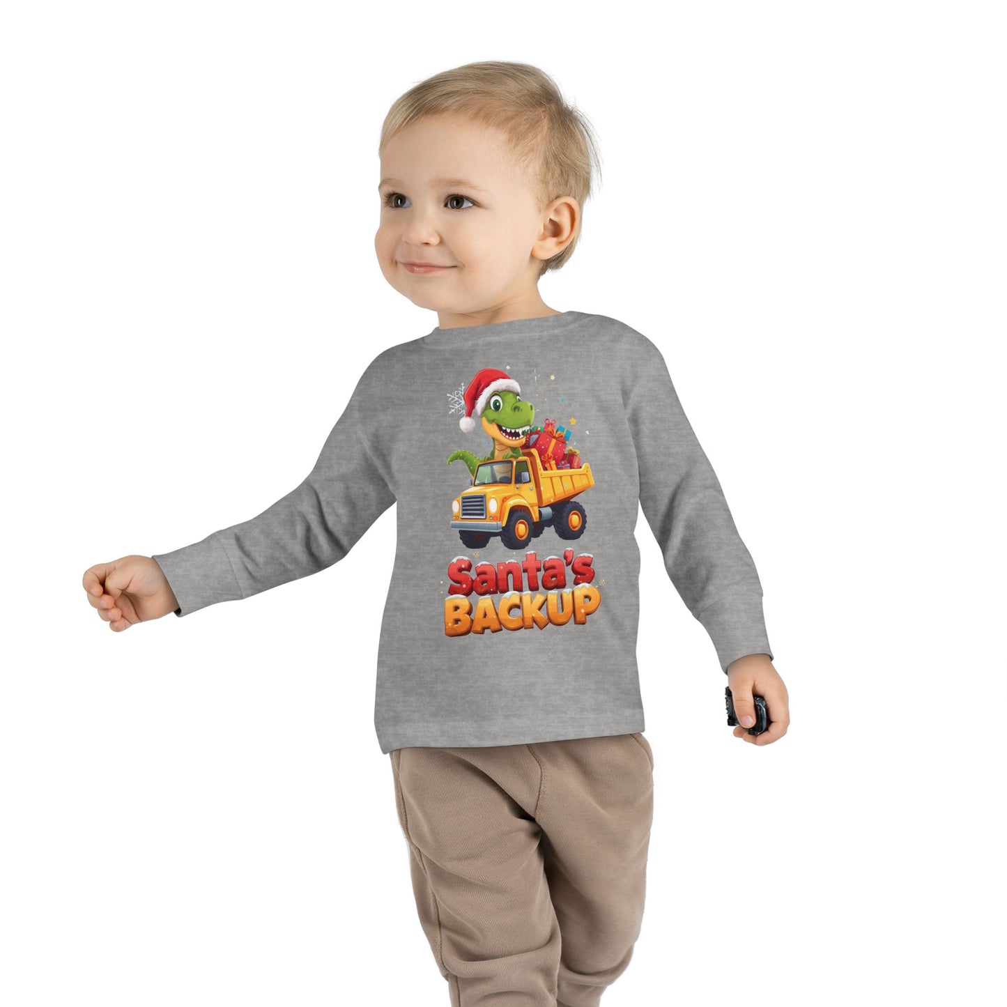 Toddler Long Sleeve Christmas Tee, Santa's Backup Dinosaur Shirt, Holiday Gift for Kids, Cute Xmas Outfit, Fun Christmas Apparel
