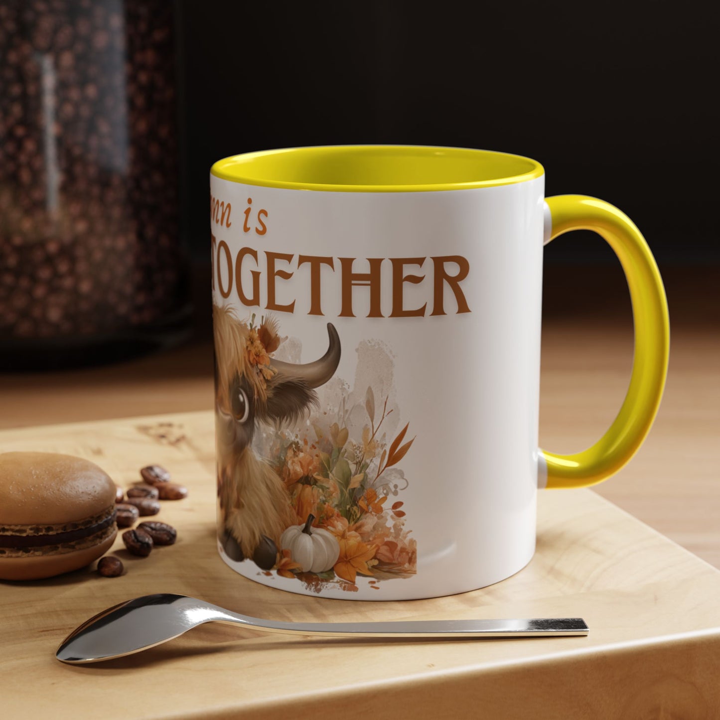 Autumn is Better Together Highland Cow Accent Coffee Mug Fall Mama and Baby Cow Cup White Ceramic with Color Handles 11oz or 15oz