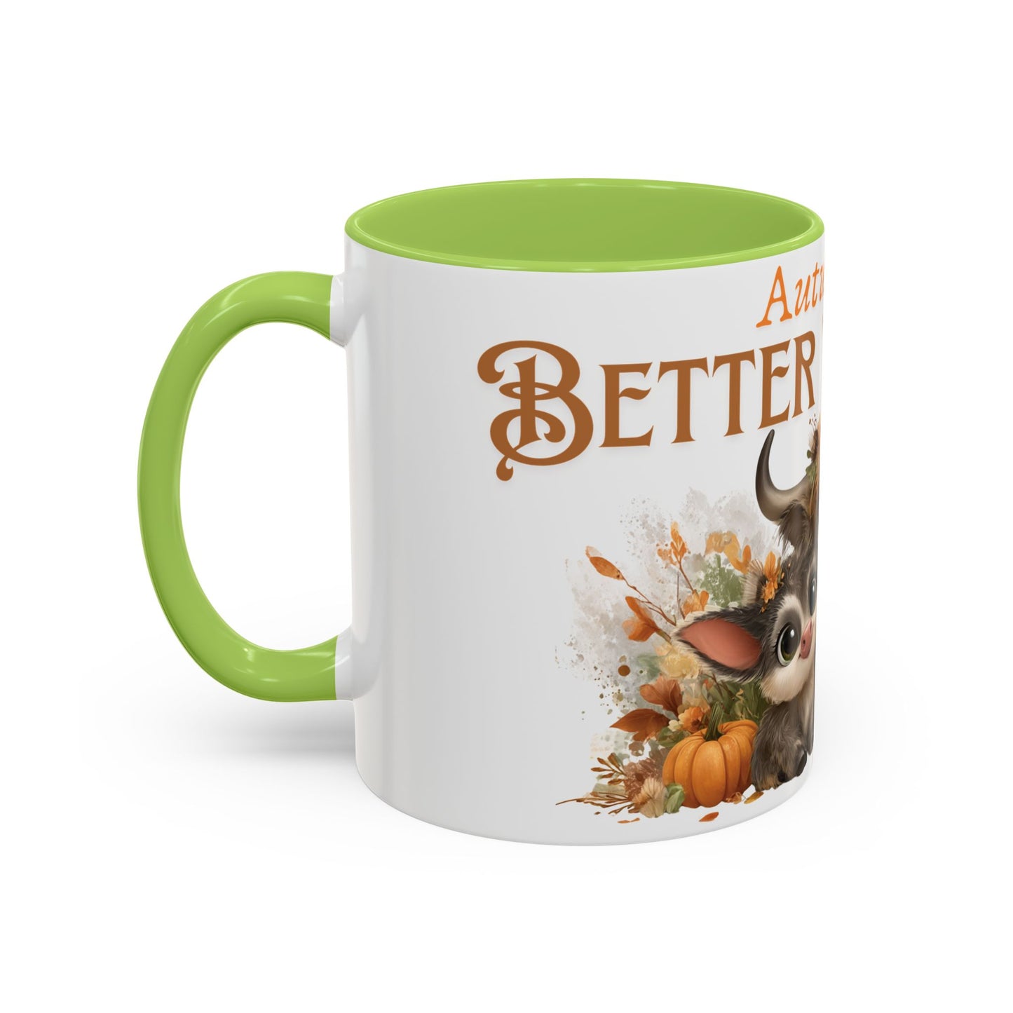 Autumn is Better Together Highland Cow Accent Coffee Mug Fall Mama and Baby Cow Cup White Ceramic with Color Handles 11oz or 15oz